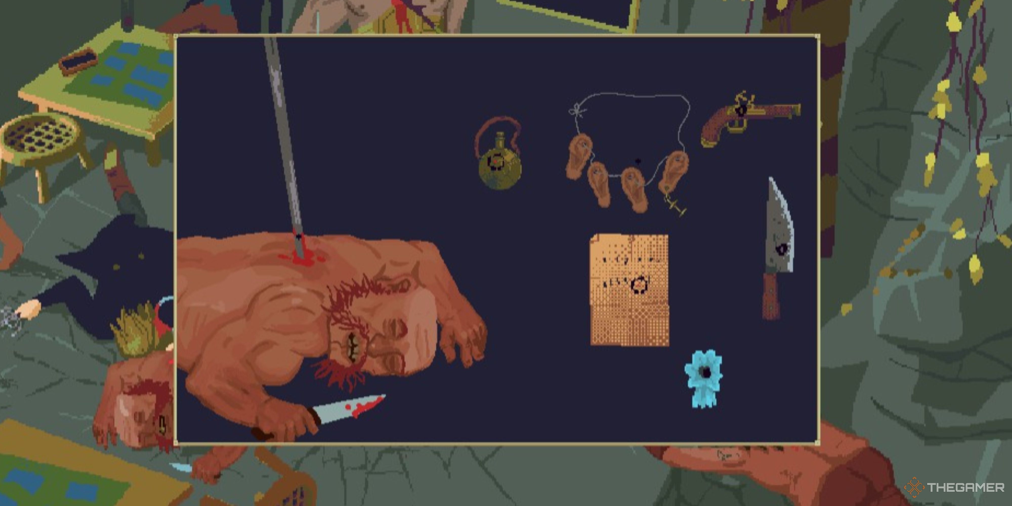 A dead pajack player in The Case of the Golden Idol.
