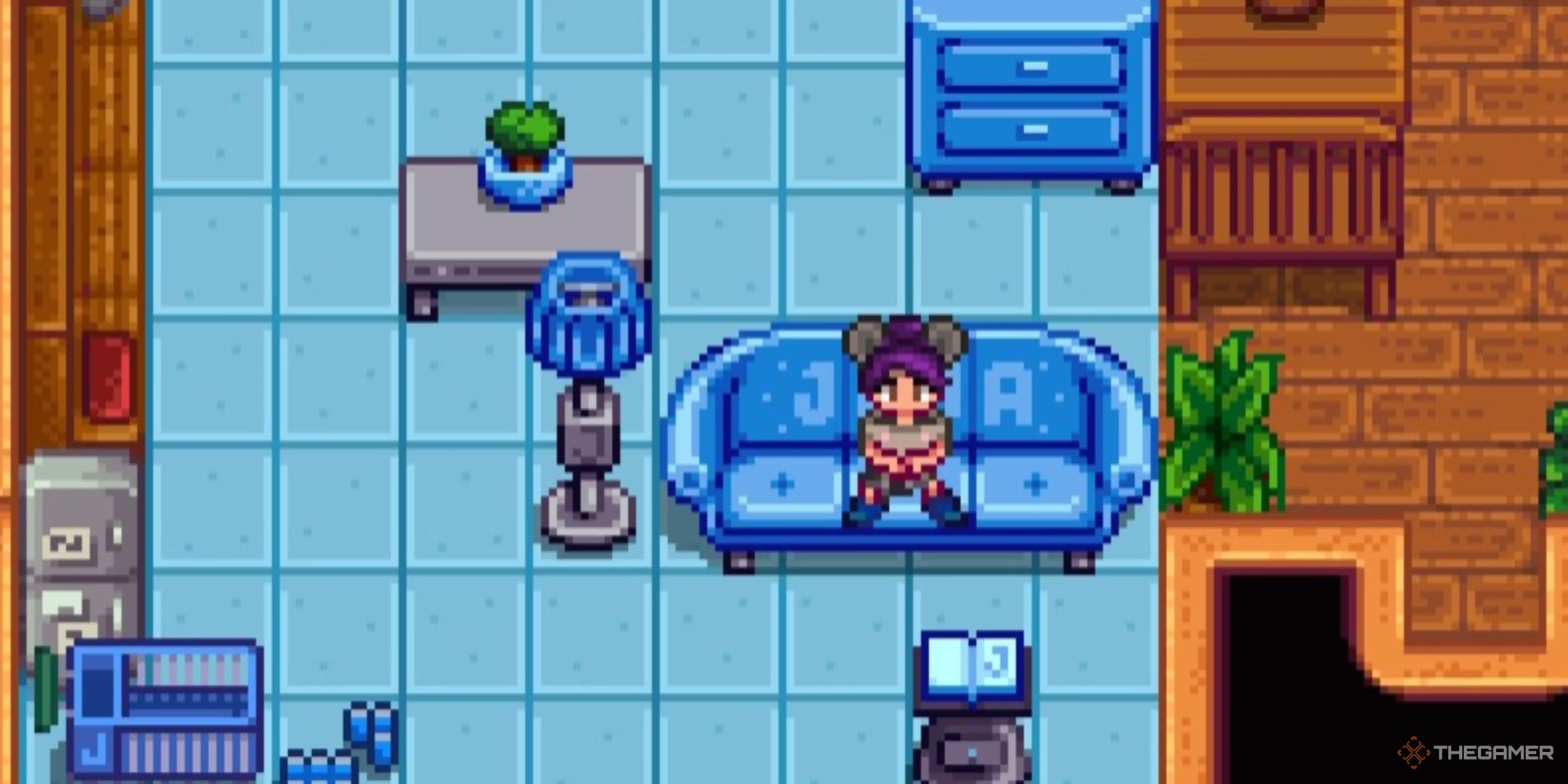 A farmer in Stardew Valley with by items from the Joja Furniture Catalog