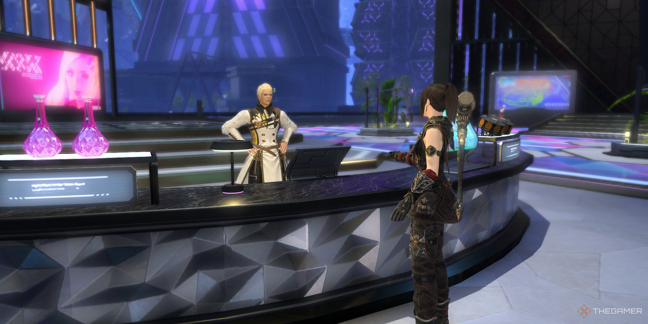 A miner talking to the Collectable Appraiser in Solution Nine in Final Fantasy 14 Dawntrail.