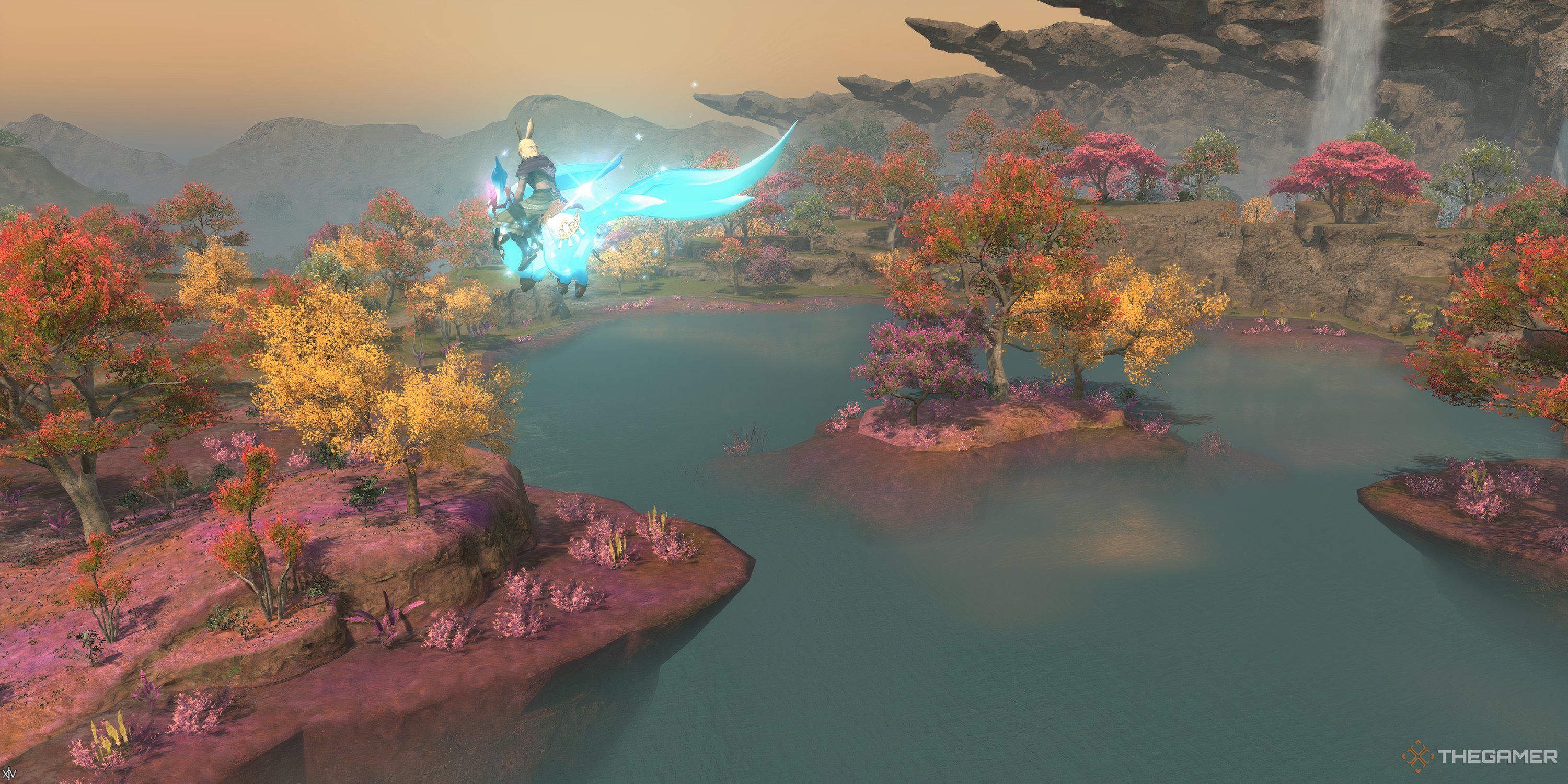 A player flying in the air in Kozama'uka in Final Fantasy 14