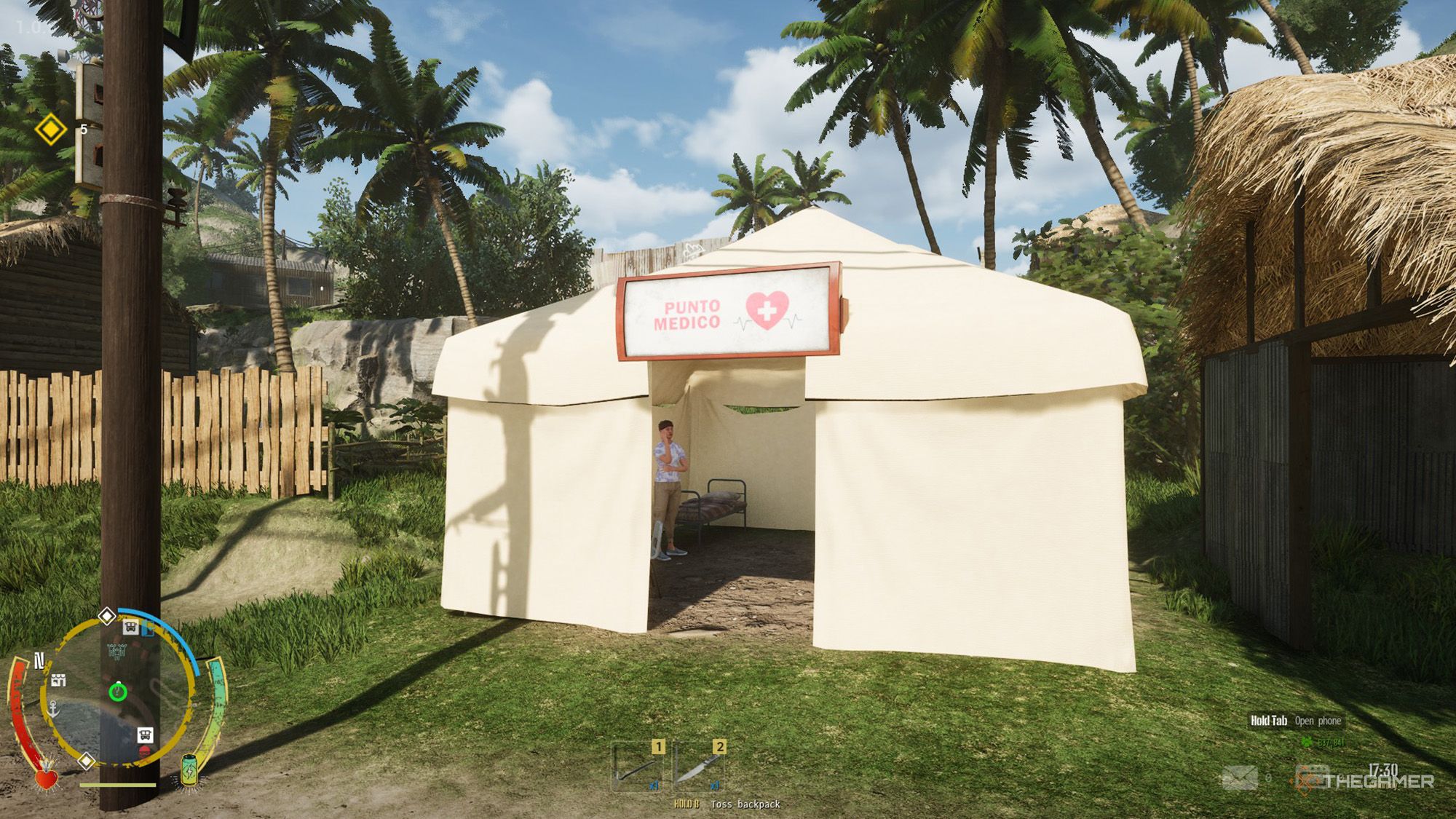 A white tent that has a &lsquo;Punto Medico&rsquo; sign on it in Drug Dealer Simulator 2.