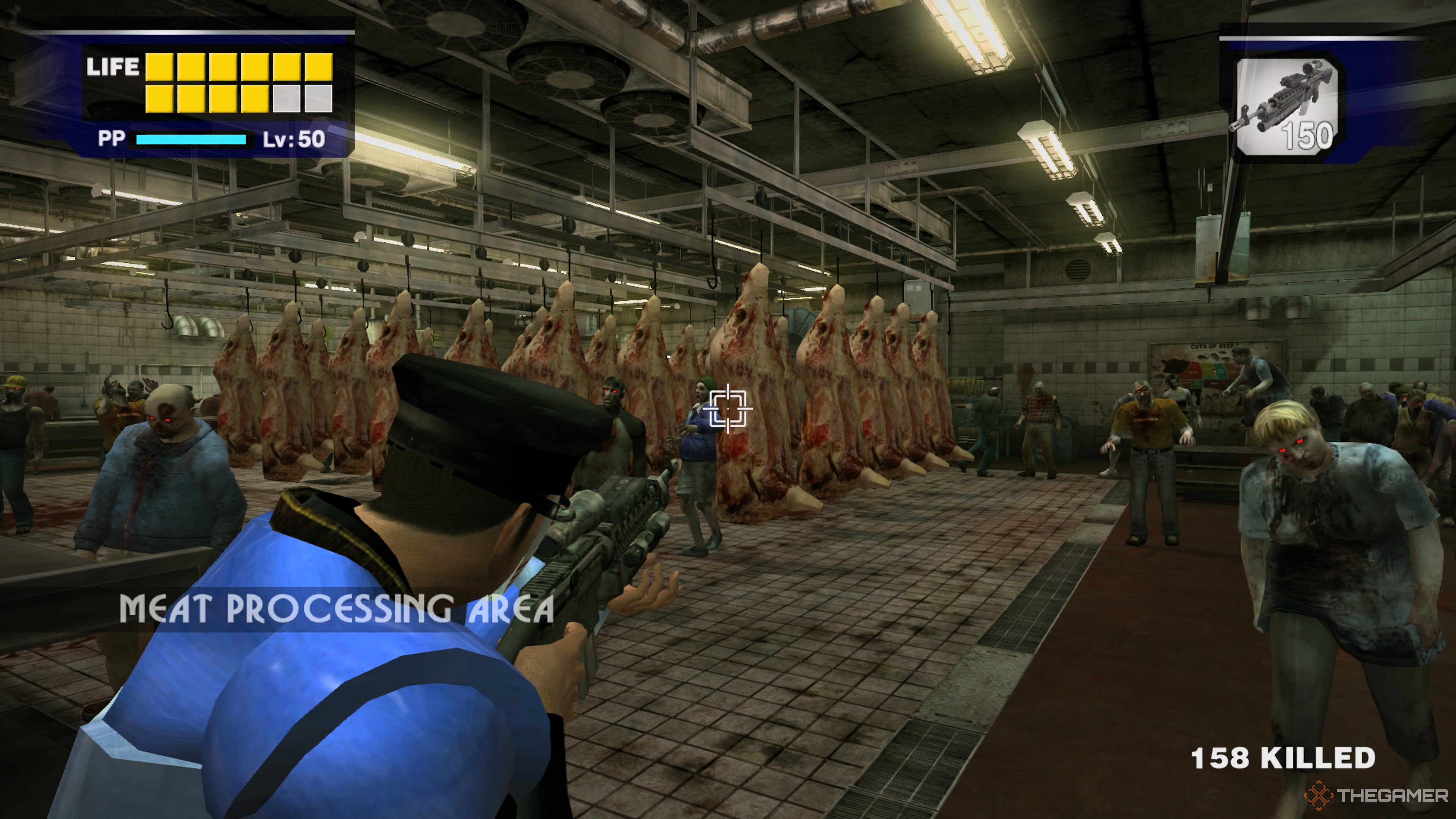 About to shoot the machine gun into a piece of meat in Dead Rising