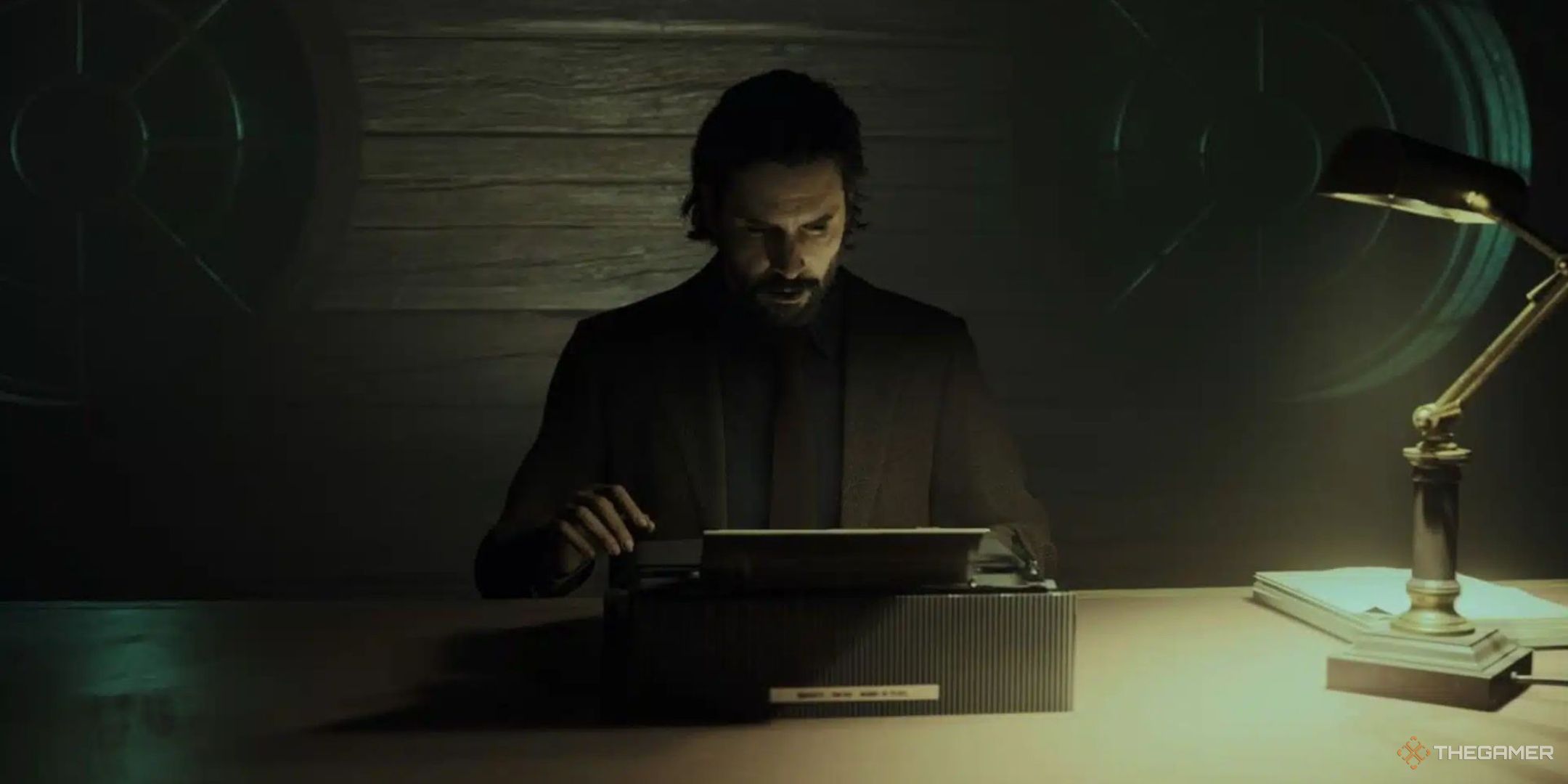 Alan seated at the typewriter in the Writing Room in Alan Wake 2.