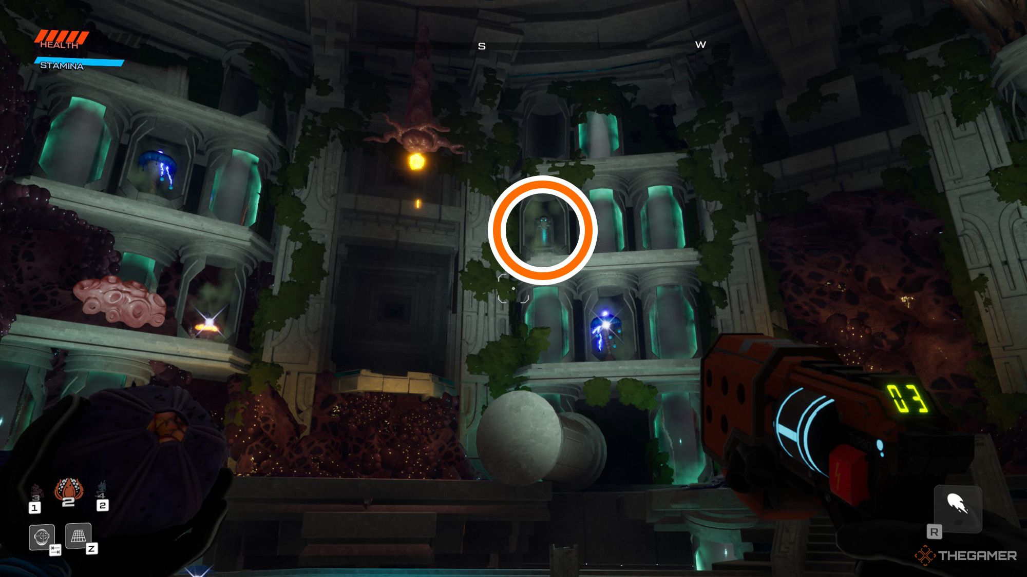 An orange circle shows the location of an alien tablet in Journey To The Savage Planet.