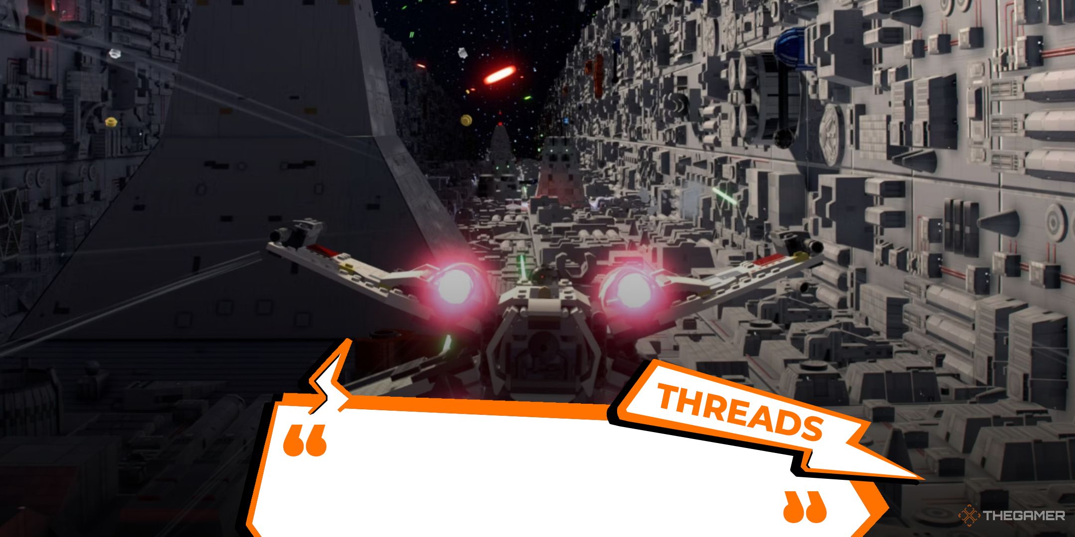 An X-Wing flies through the Death Star trench in LEGO Skywalker Saga