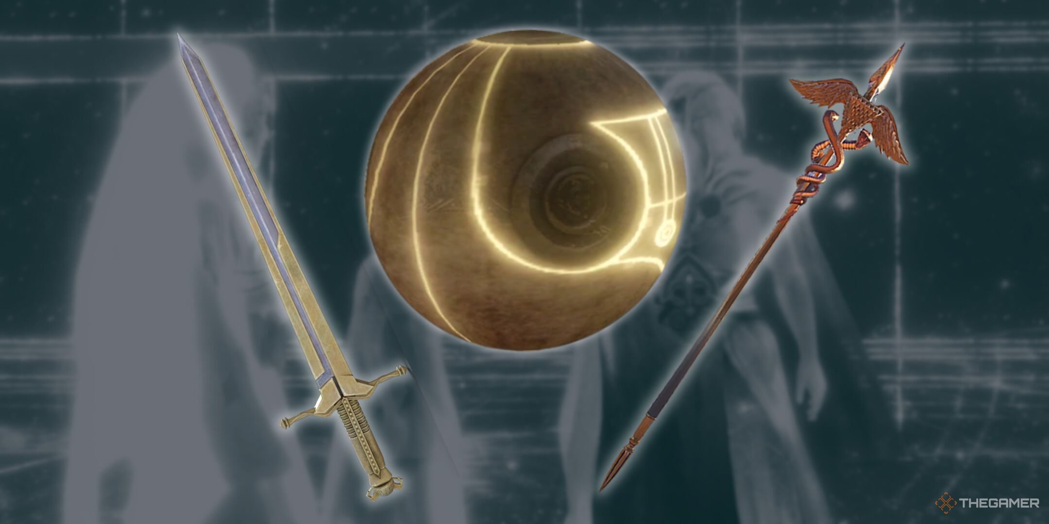 Assassin's Creed, the most powerful parts of Eden Image, with the Apple of Eden, Sword of Eden and Staff of Hermes.