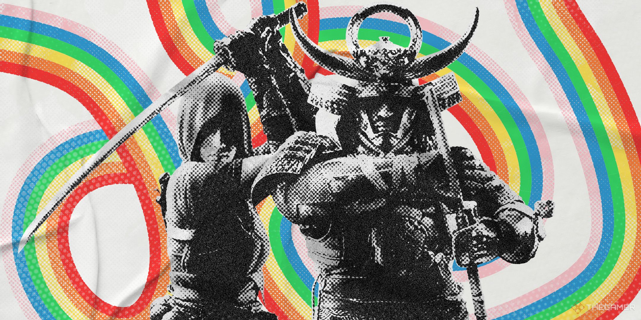 Naoe and Yasuke surrounded by a swirling rainbow ribbon