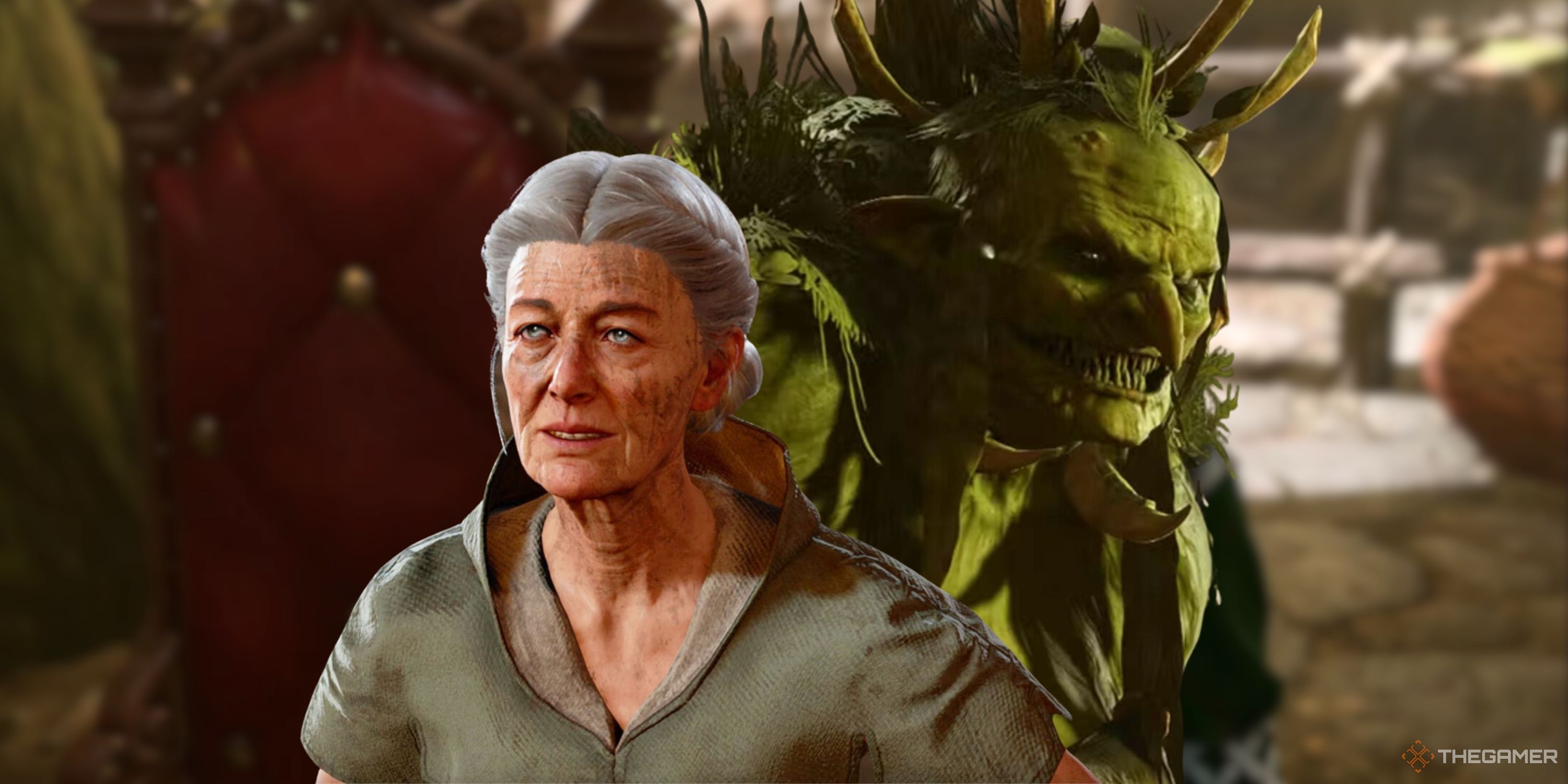 Baldur's Gate 3 collage image featuring Auntie Ethel and her hag form