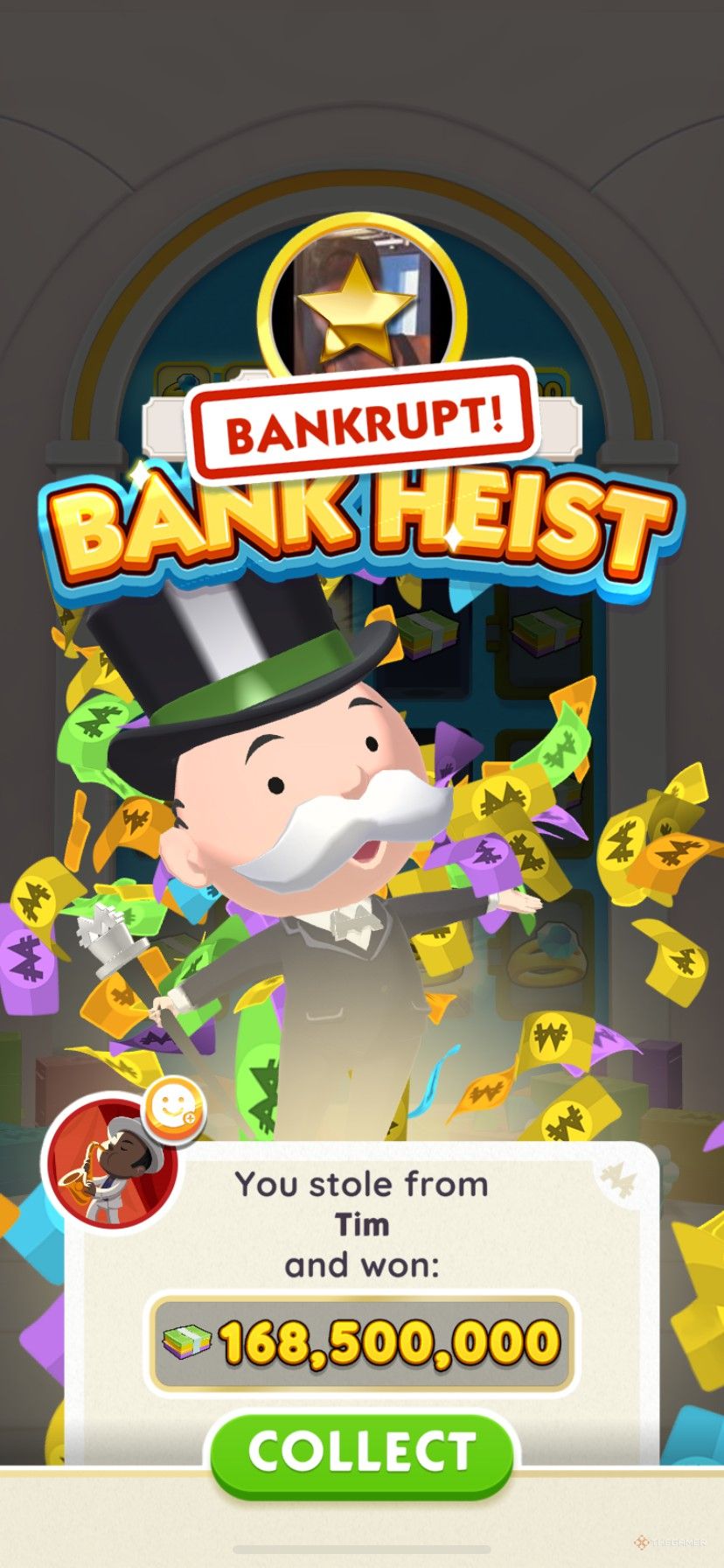 Bankrupting someone named Tim in Monopoly Go.