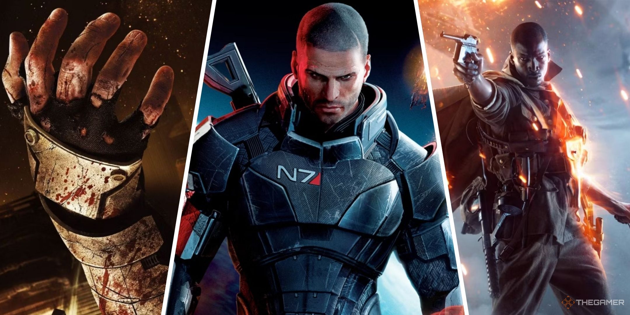 Three-image collage of the severed arm from the cover art of Dead Space, Commander Shepard on the cover of Mass Effect 3, and a soldier pointing a pistol in front of flames on the Battlefield 1 cover.