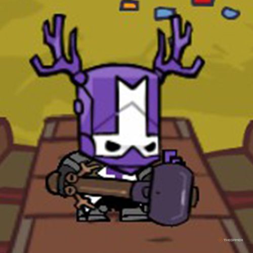 Blacksmith is standing on a table in Castle Crashers.
