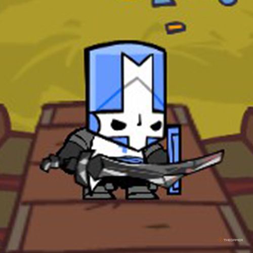 Blue Knight is standing on a table in Castle Crashers.