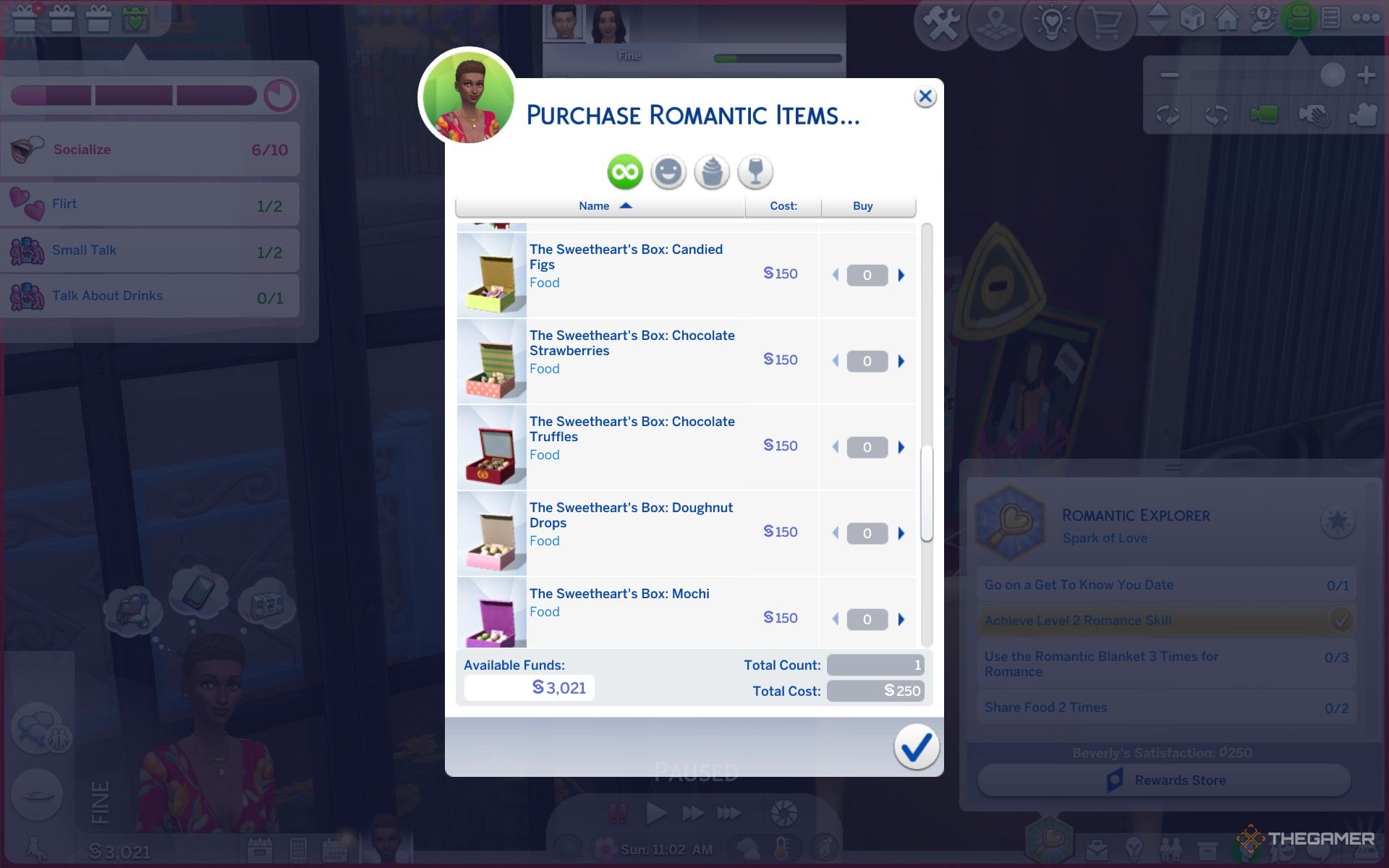 Buying a Sweetheart's Box from the Romantic Items shopping menu in The Sims 4 Lovestruck.