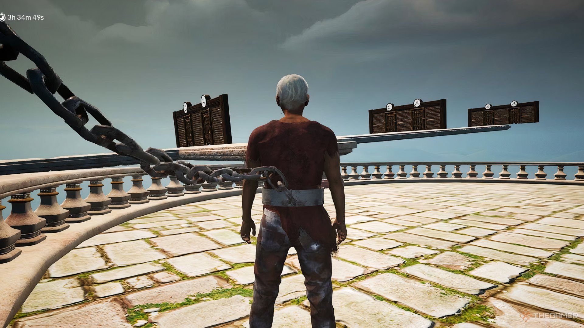 A player with a chain connected to their waist standing alone on stone brickwork.