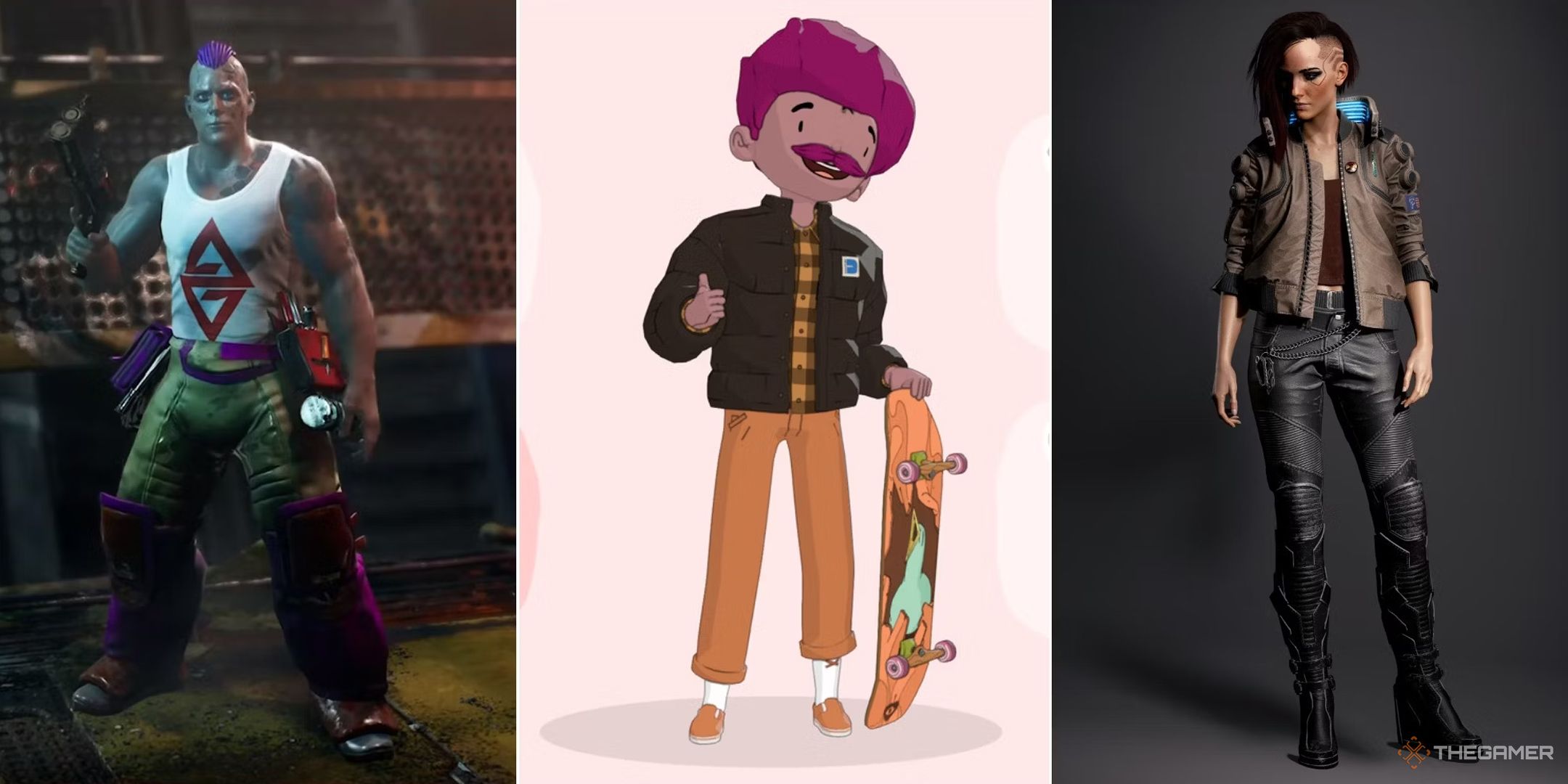 Characters from Cyberpunk 2077, OlliOlli World, and Saint's Row.