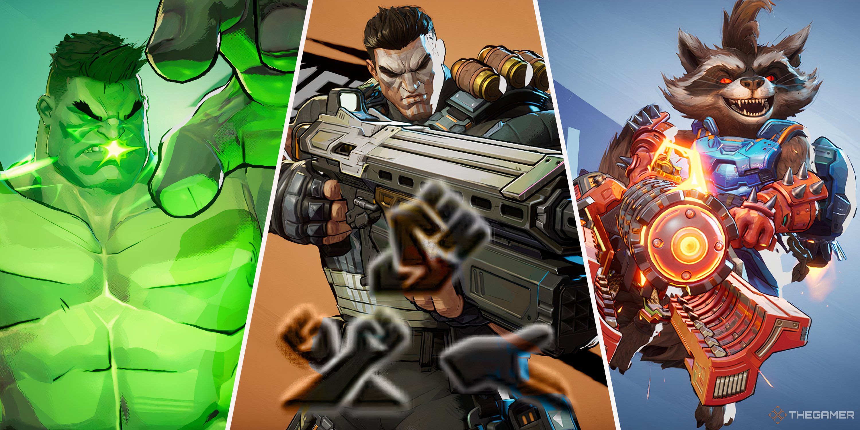 The Hulk, The Punisher, and Rocket Racoon stand attack-ready in three separate portraits. The three character role icons from Marvel Rivals form a triangle near the bottom-center.