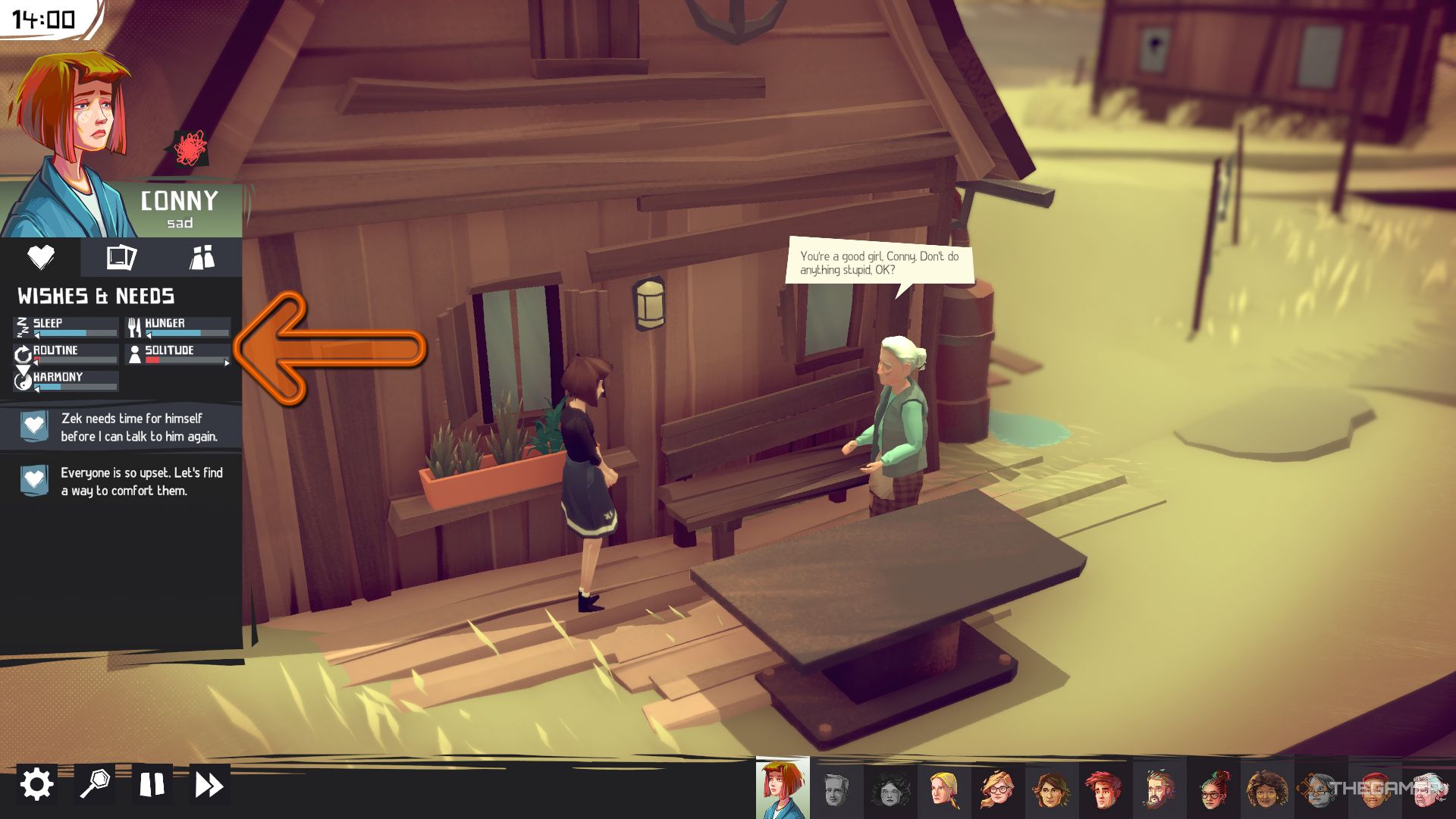 Conny talks to Henrietta while an orange arrow points to her Wishes and Needs menu.