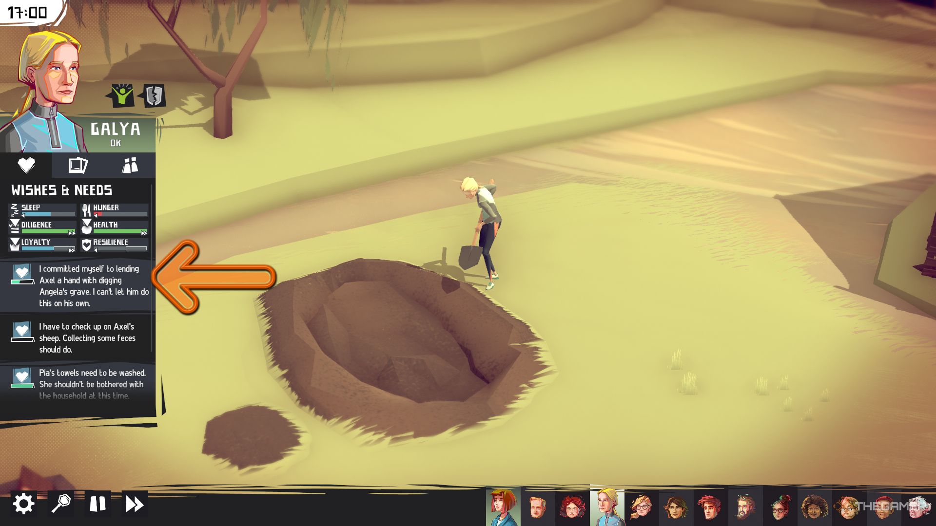 Closer The Distance Galya digging a grave while an orange arrow points to her wishes and needs menu.