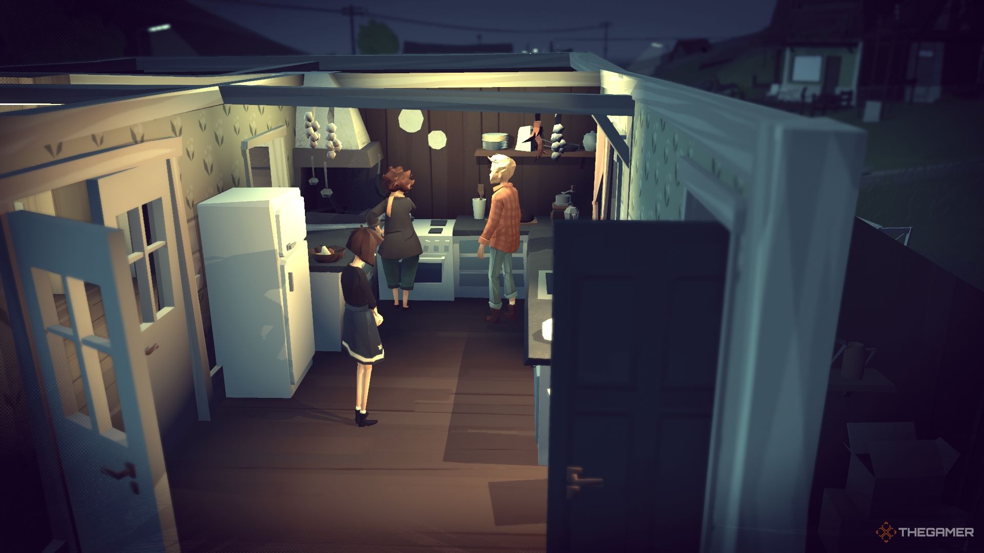 Closer The Distance Pia and Axel in the kitchen while Conny waits at the door.