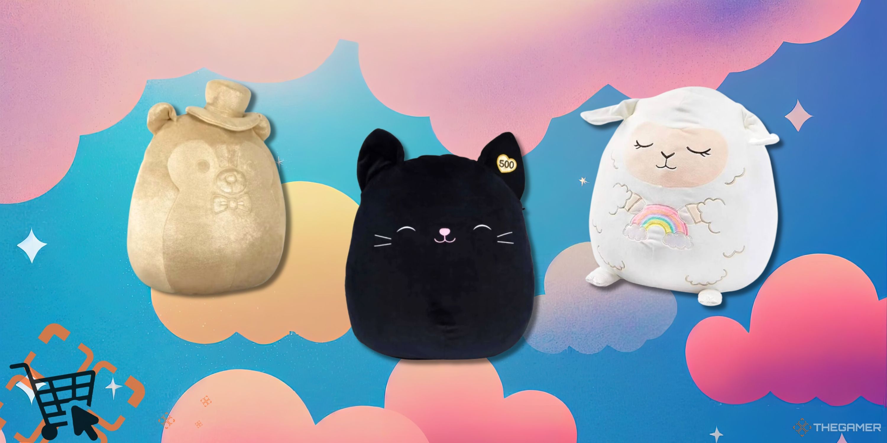 Collage image featuring three rare squishmallows overlayed on a colorful cloud background graphic