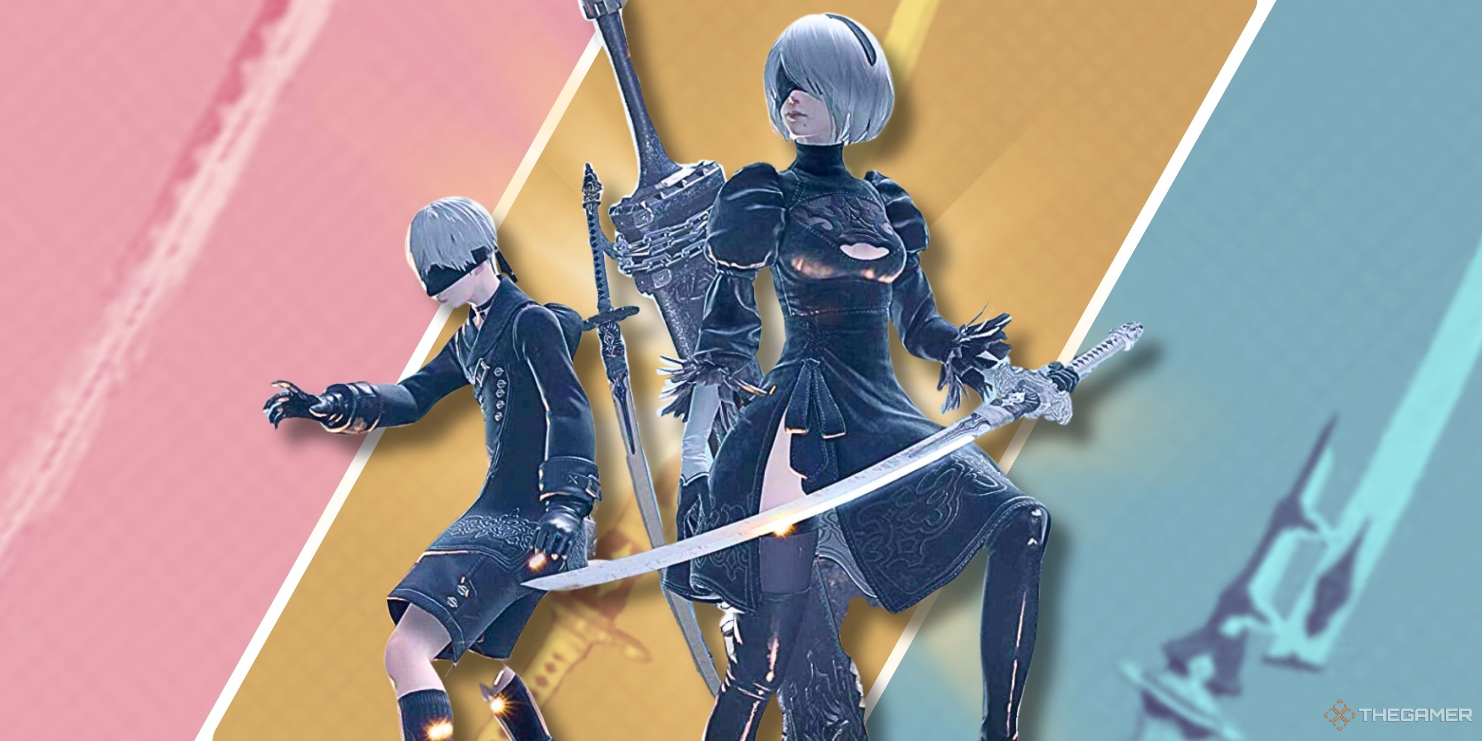 Collage image featuring three swords from Nier Automata along with the main characters