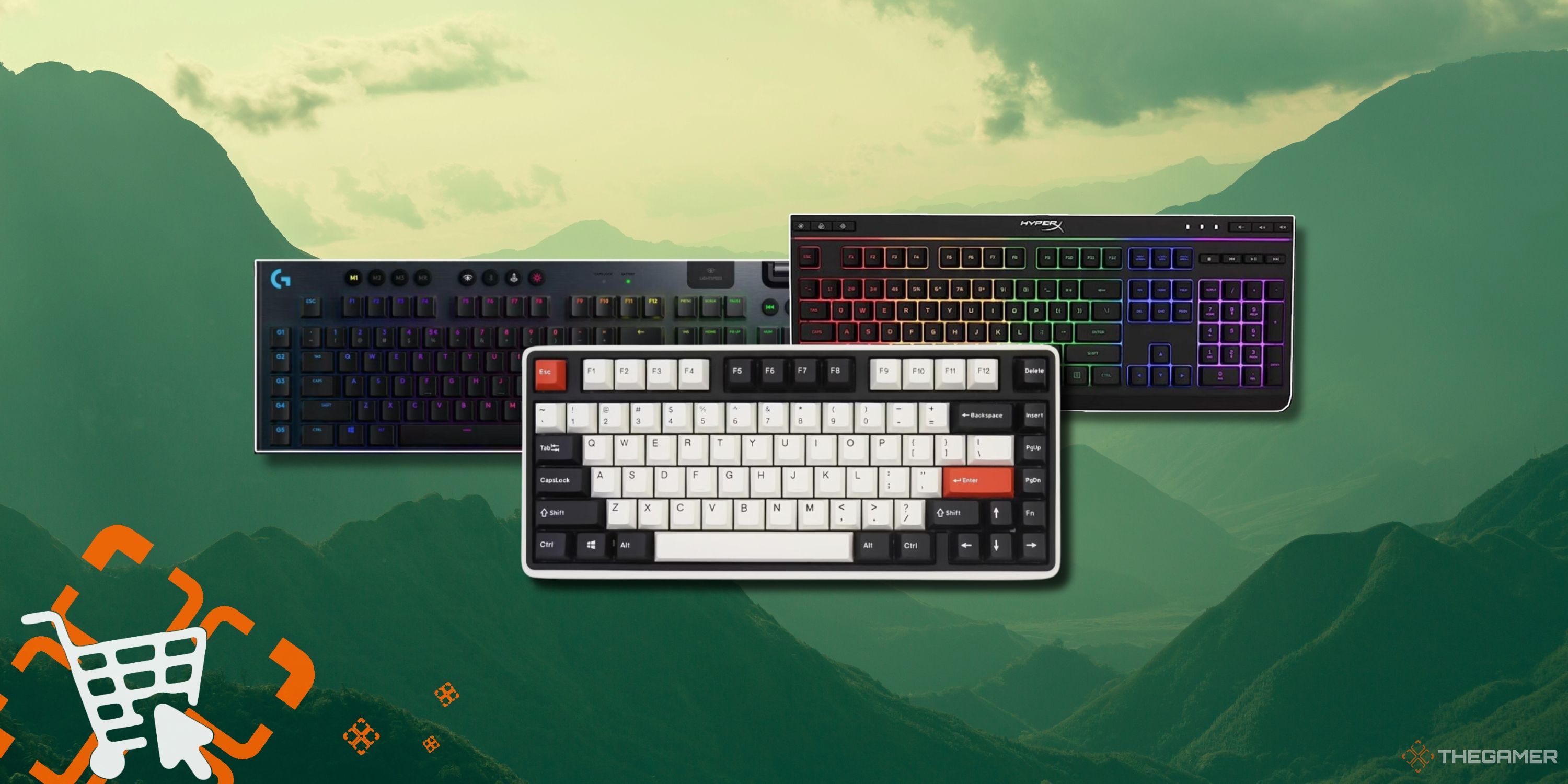 Collage image featuring three unique computer keyboards overlayed on a serene mountain photo background