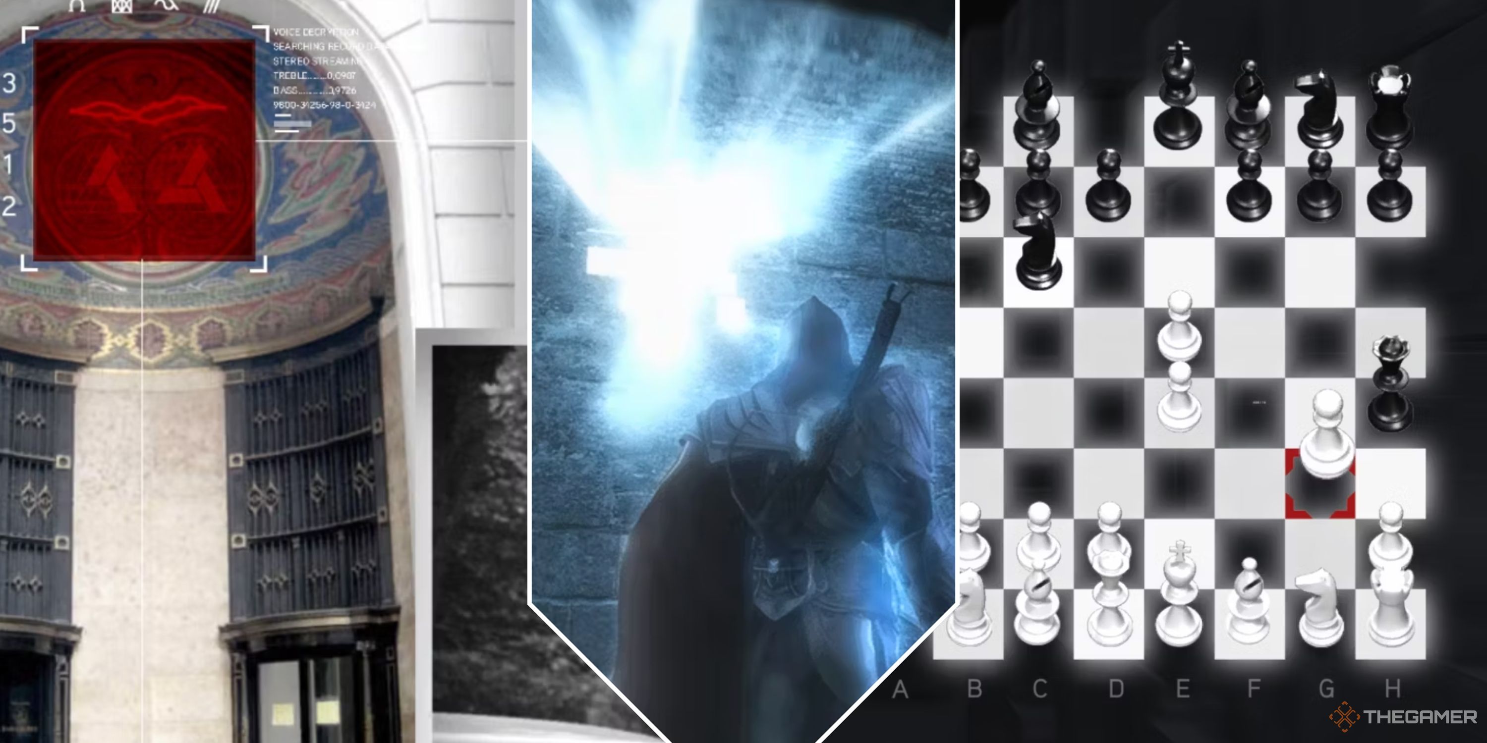 Collage image featuring two glyph puzzles and the main character finding a glyph in Assassin&rsquo;s Creed Brotherhood