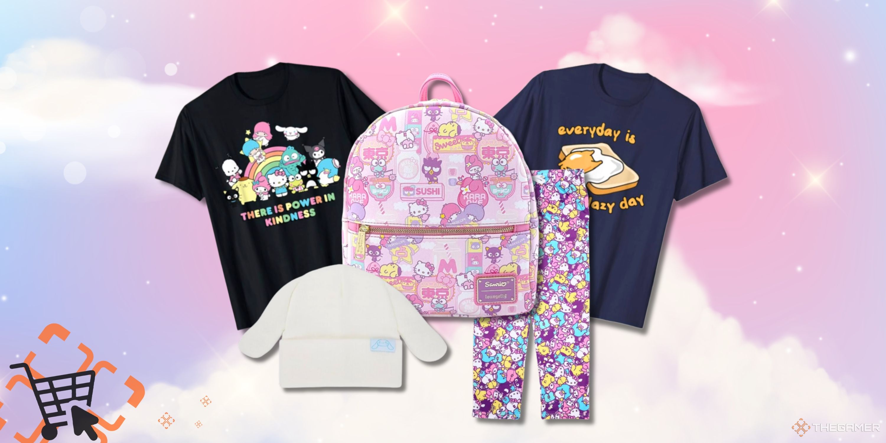 Collage image featuring two t-shirts, a pair of pants, a beanie, and a backpack all in the Sanrio style