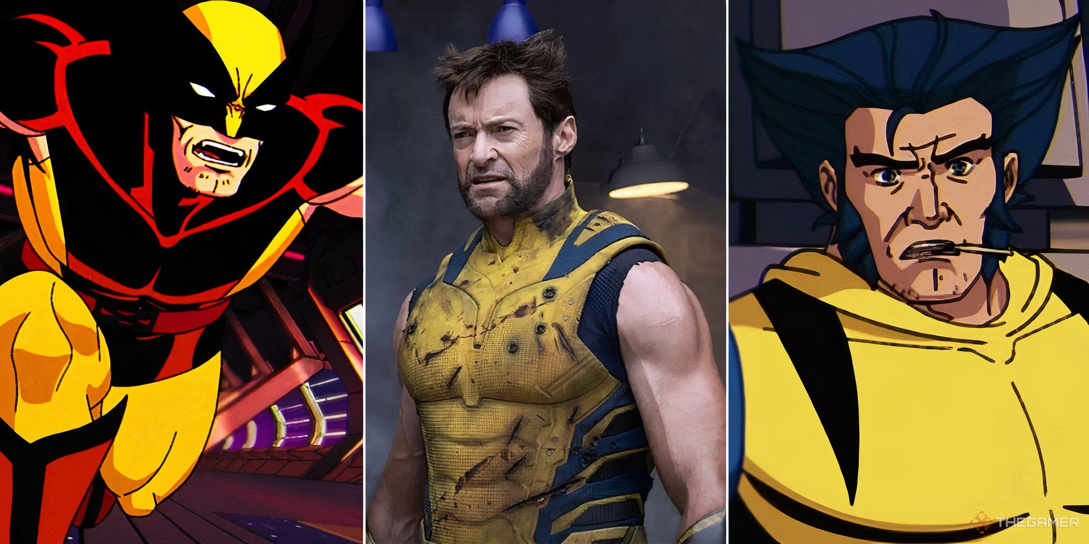 Collage with three Wolverines, two from X-Men 97 and the middle one from Deadpool & Wolverine.