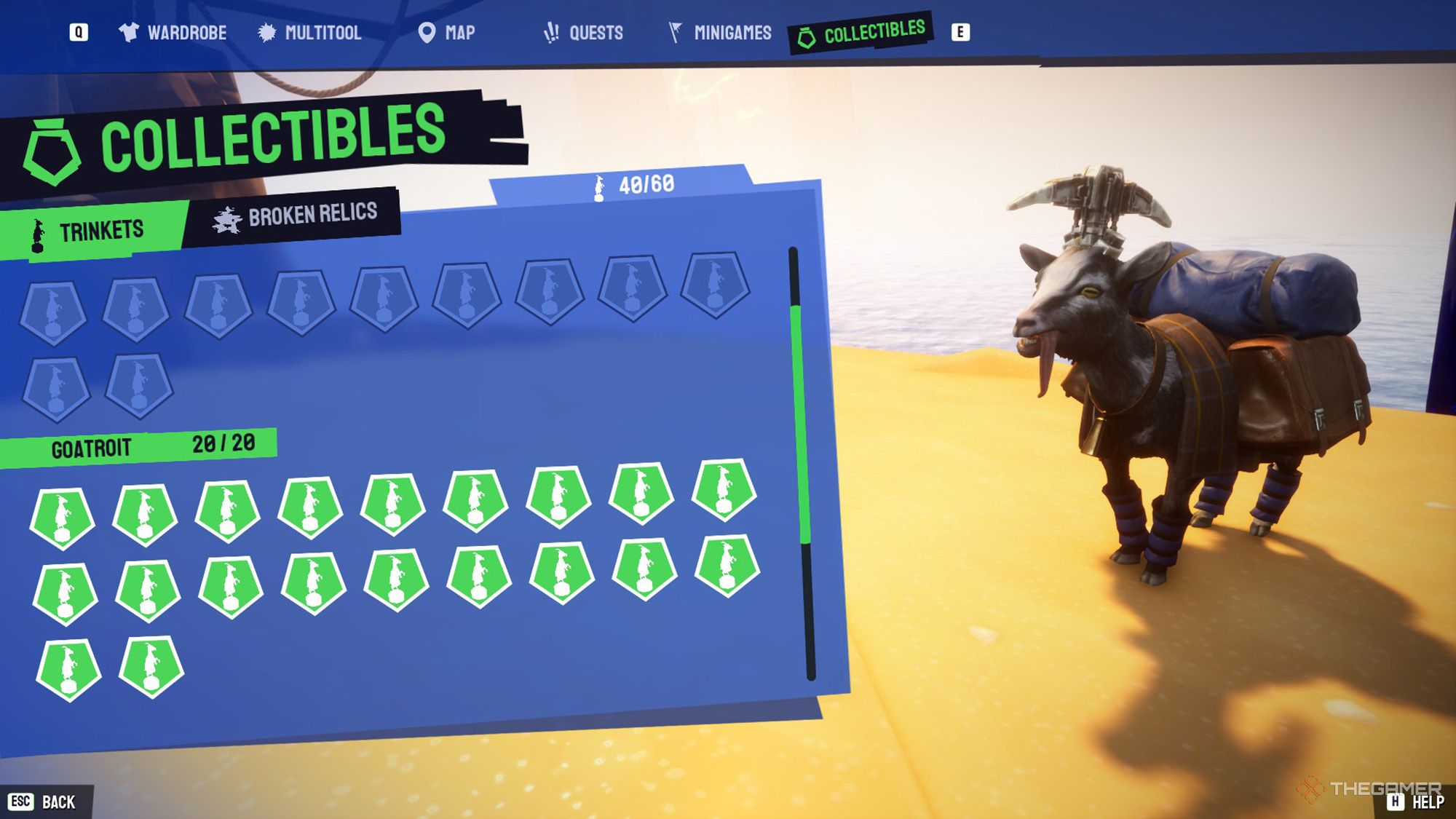 Collectibles screen displays all collected Goatroit trinkets in Goat Simulator 3 Multiverse of Nonsense.