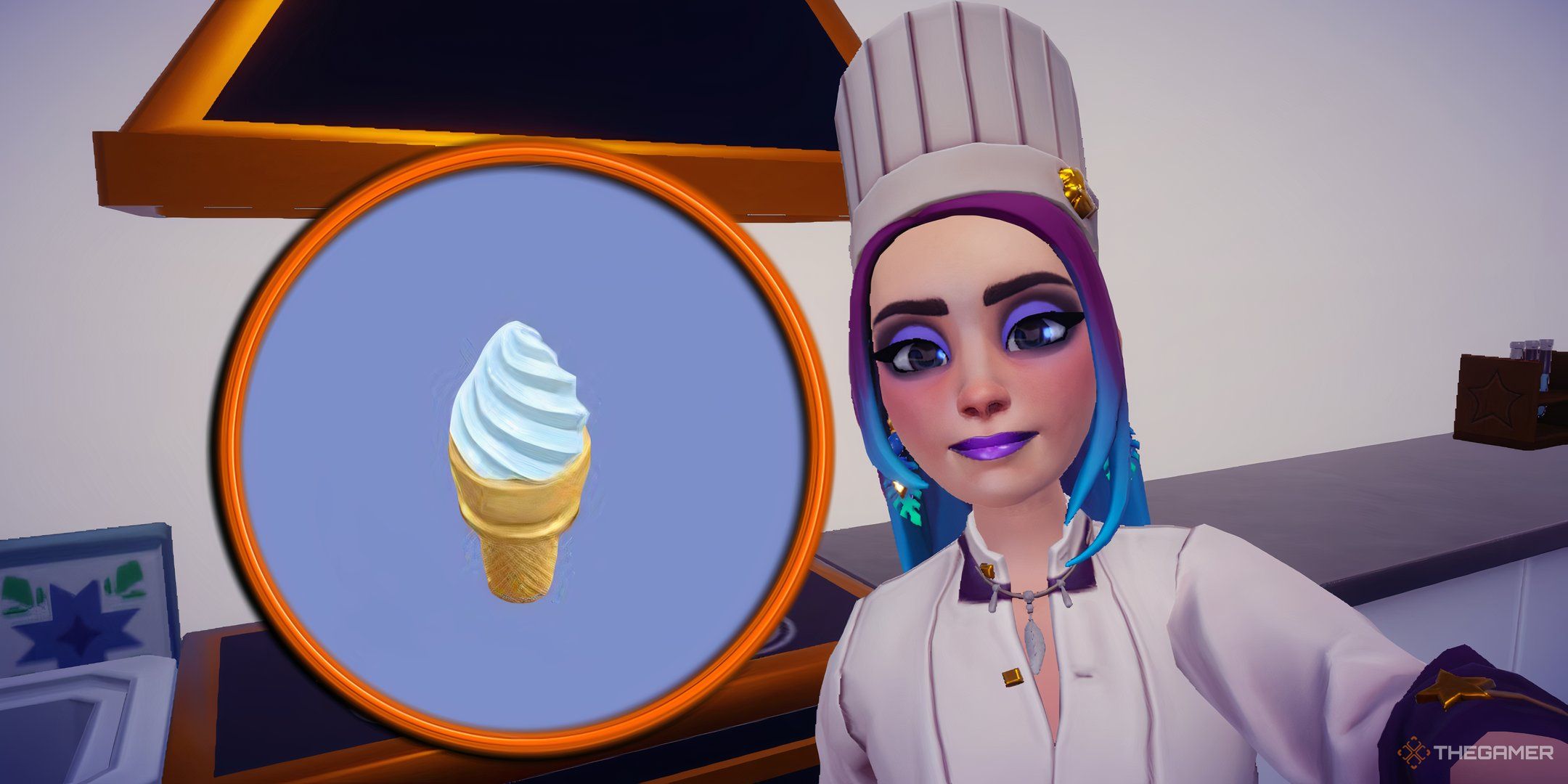 Disney Dreamlight Valley avatar standing to the right of a stove. A picture of a Vanilla Ice Cream cone is circled in orange, with a blue background filling the circle. The avatar is wearing a chef's hat and shirt in preparation for cooking meals.