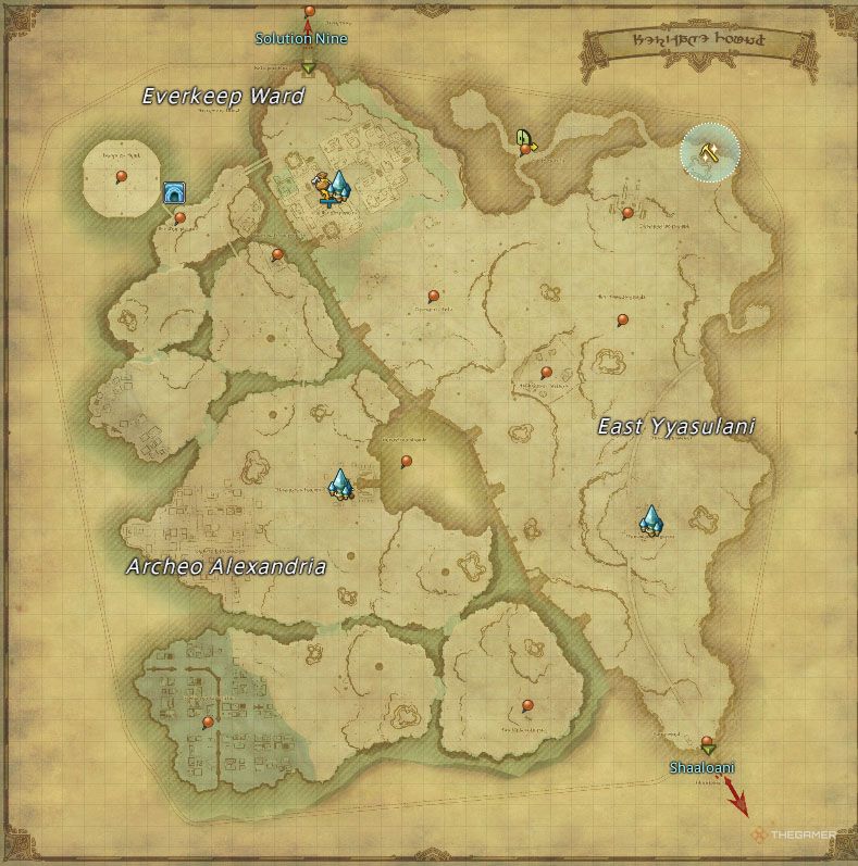 East Yyasulani Unspoiled Mining Node location on the map in Final Fantasy 14 Dawntrail.