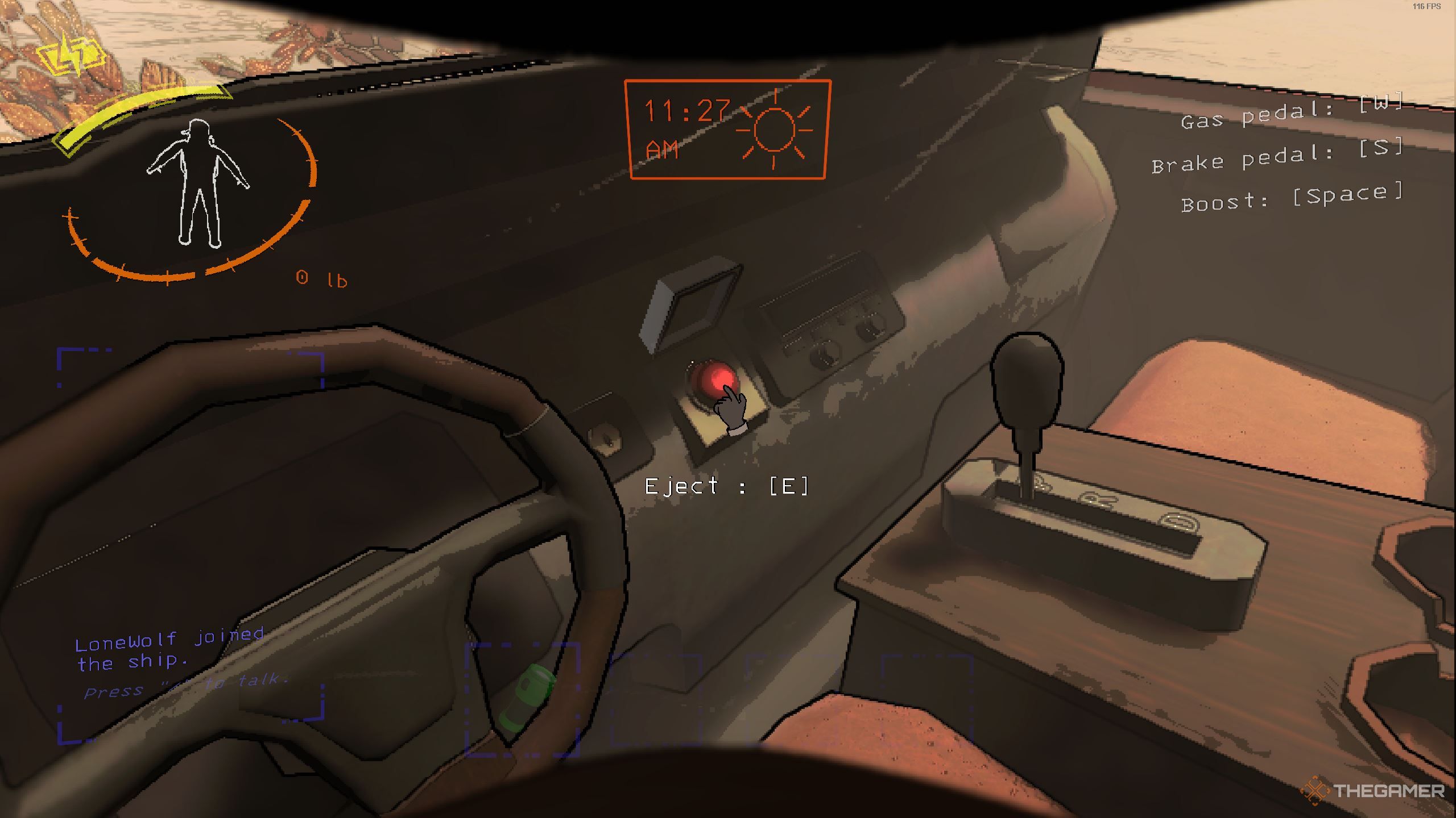 Sit in the driver's seat of a cruiser and hover over the ejection seat button in Lethal Company.