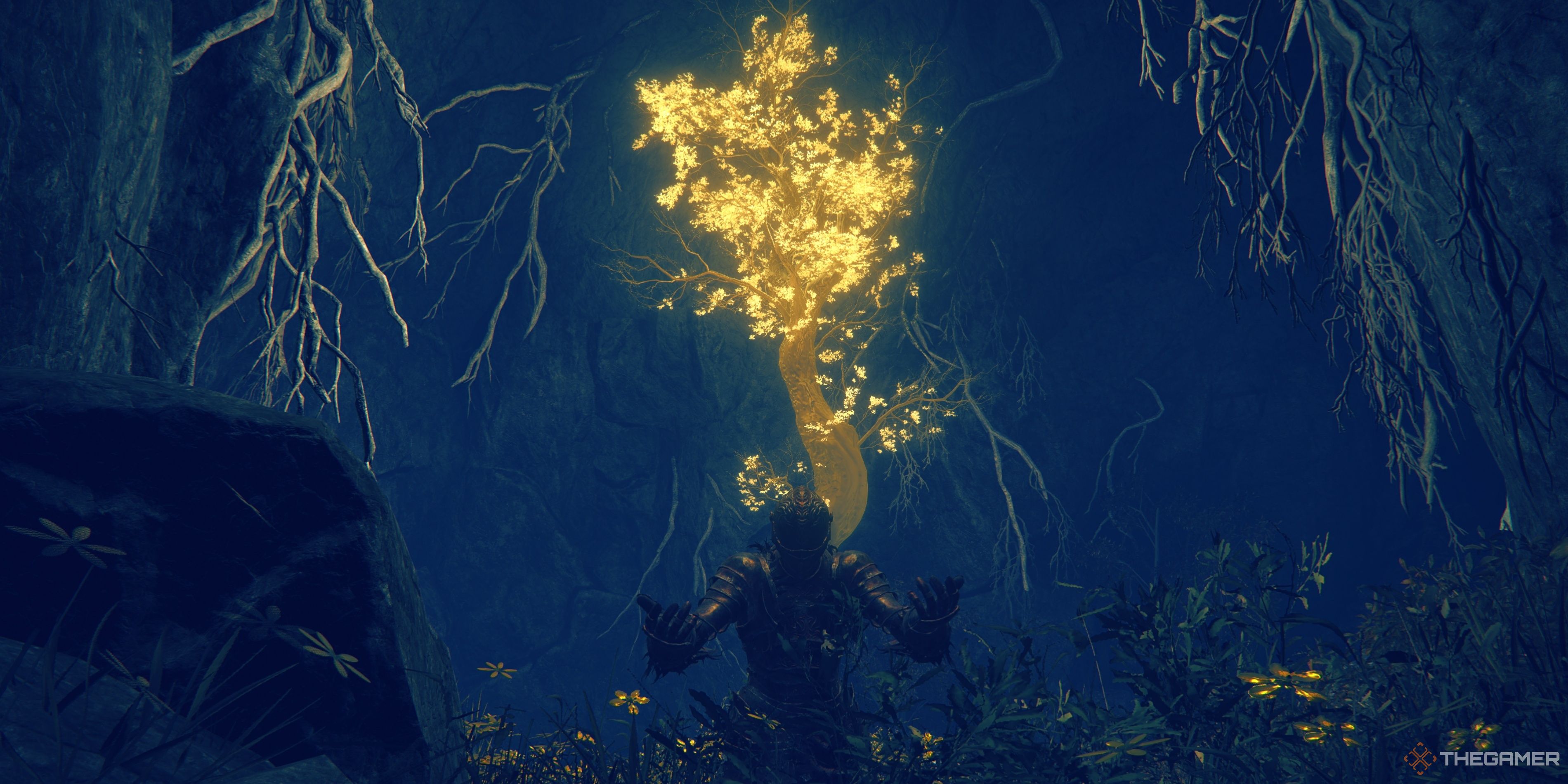 The Tarnished kneels at the Hidden Erdtree in Elden Ring: Shadow of the Erdtree.