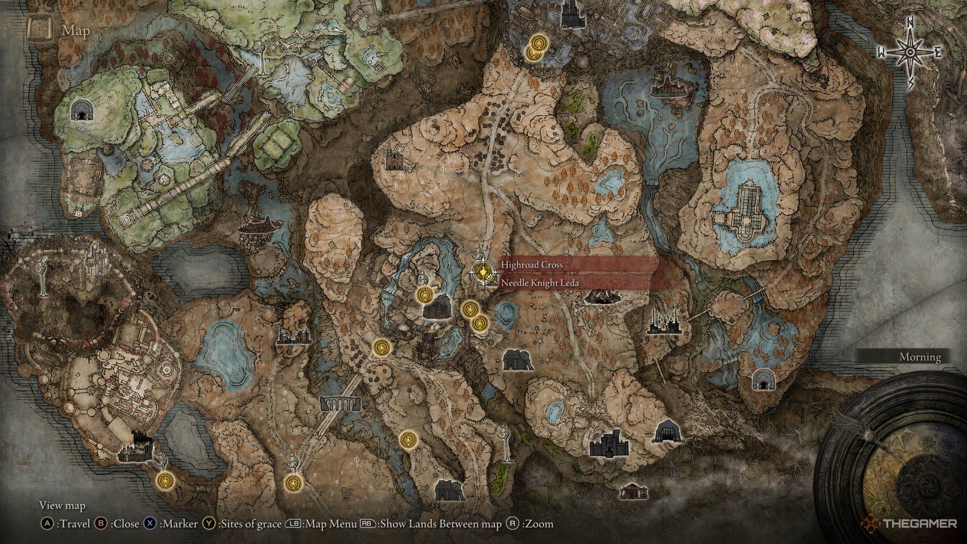 The location of Hornsent and Needle Knight Leda marked on the map.