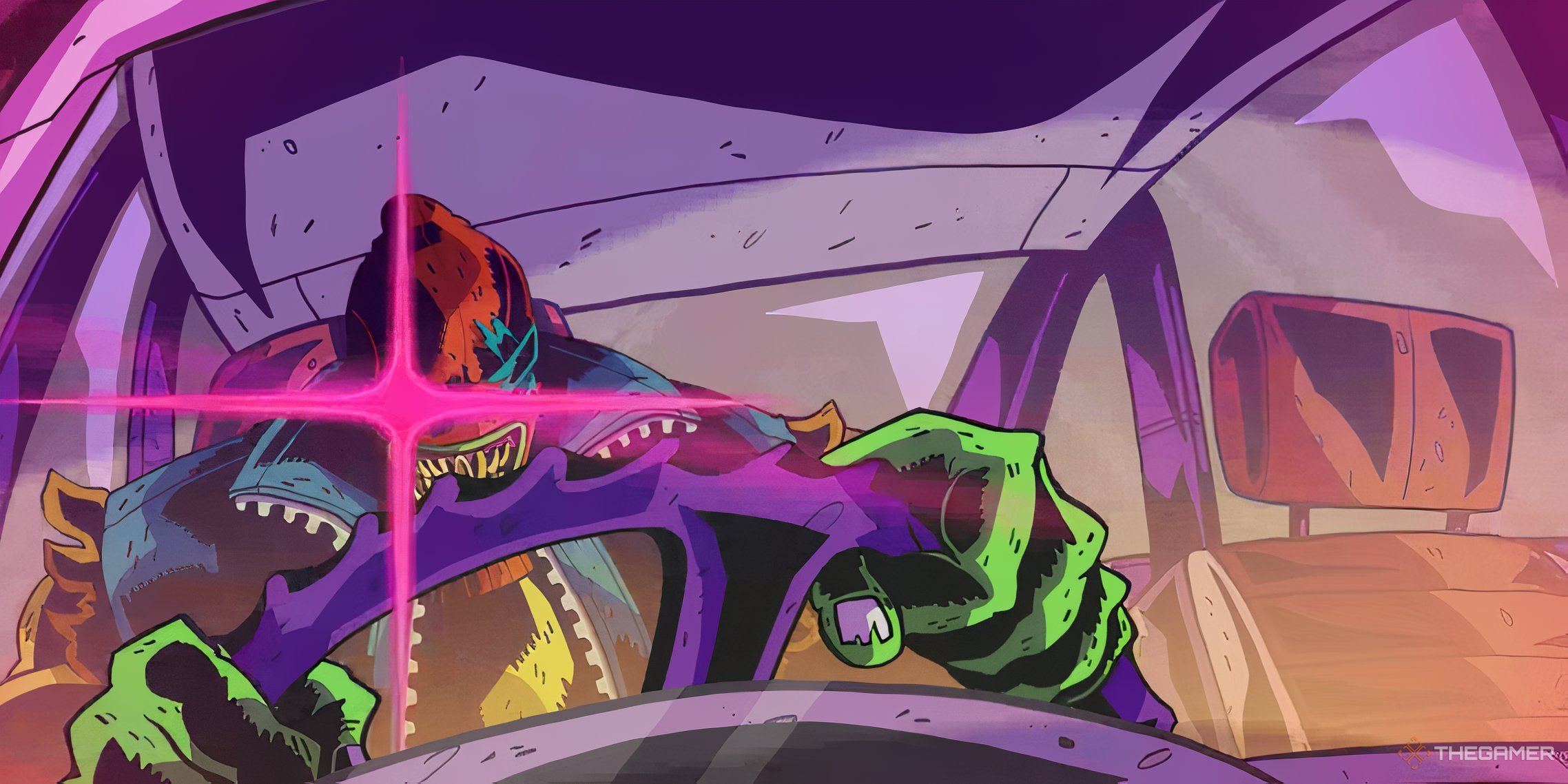 Close up of Anger Foot driving his car with a pink glint in his eye in a drawn cutscene in Anger Foot.