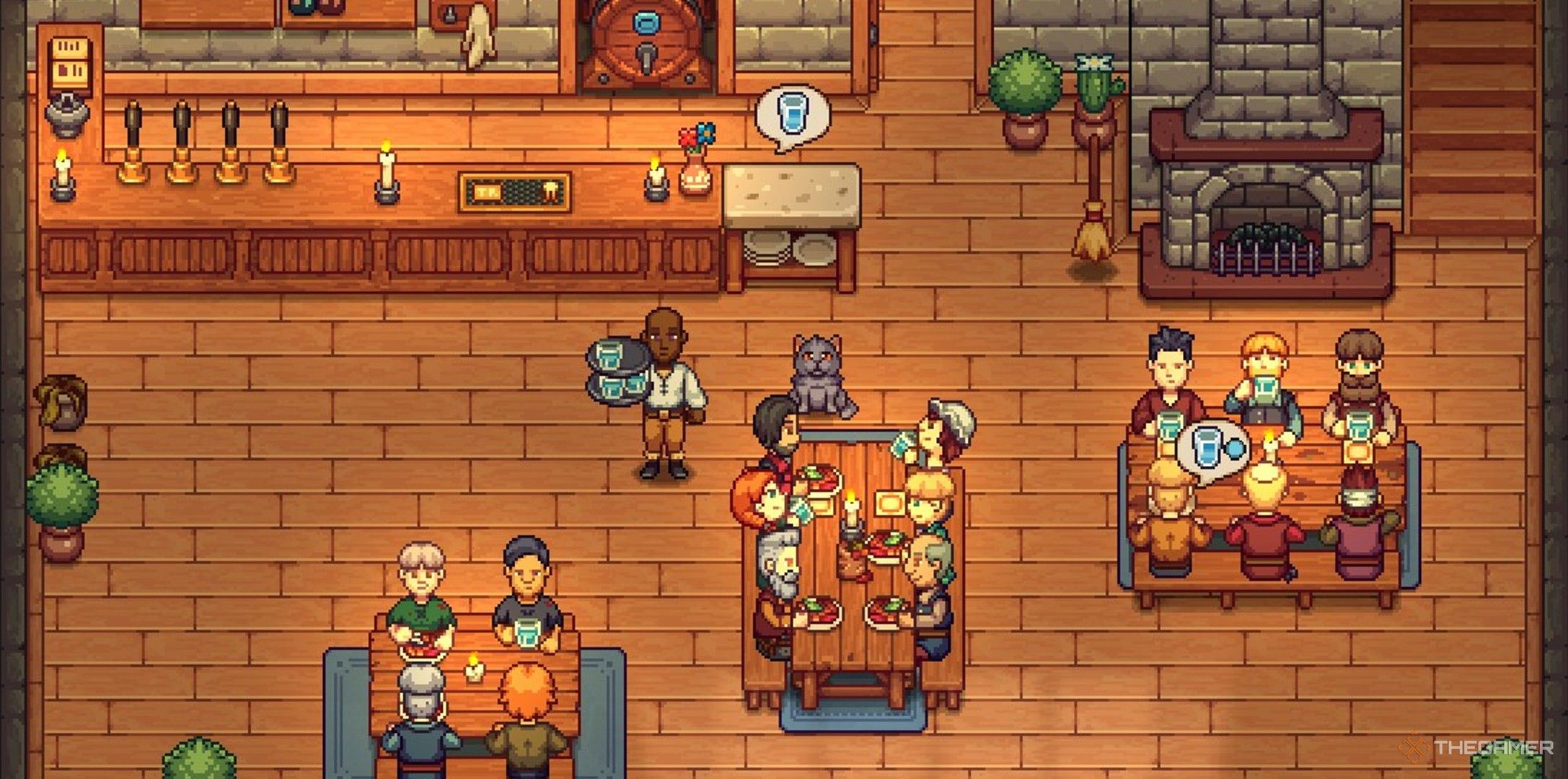 Player character holding trays of water in the middle of their busy tavern in Travellers Rest.