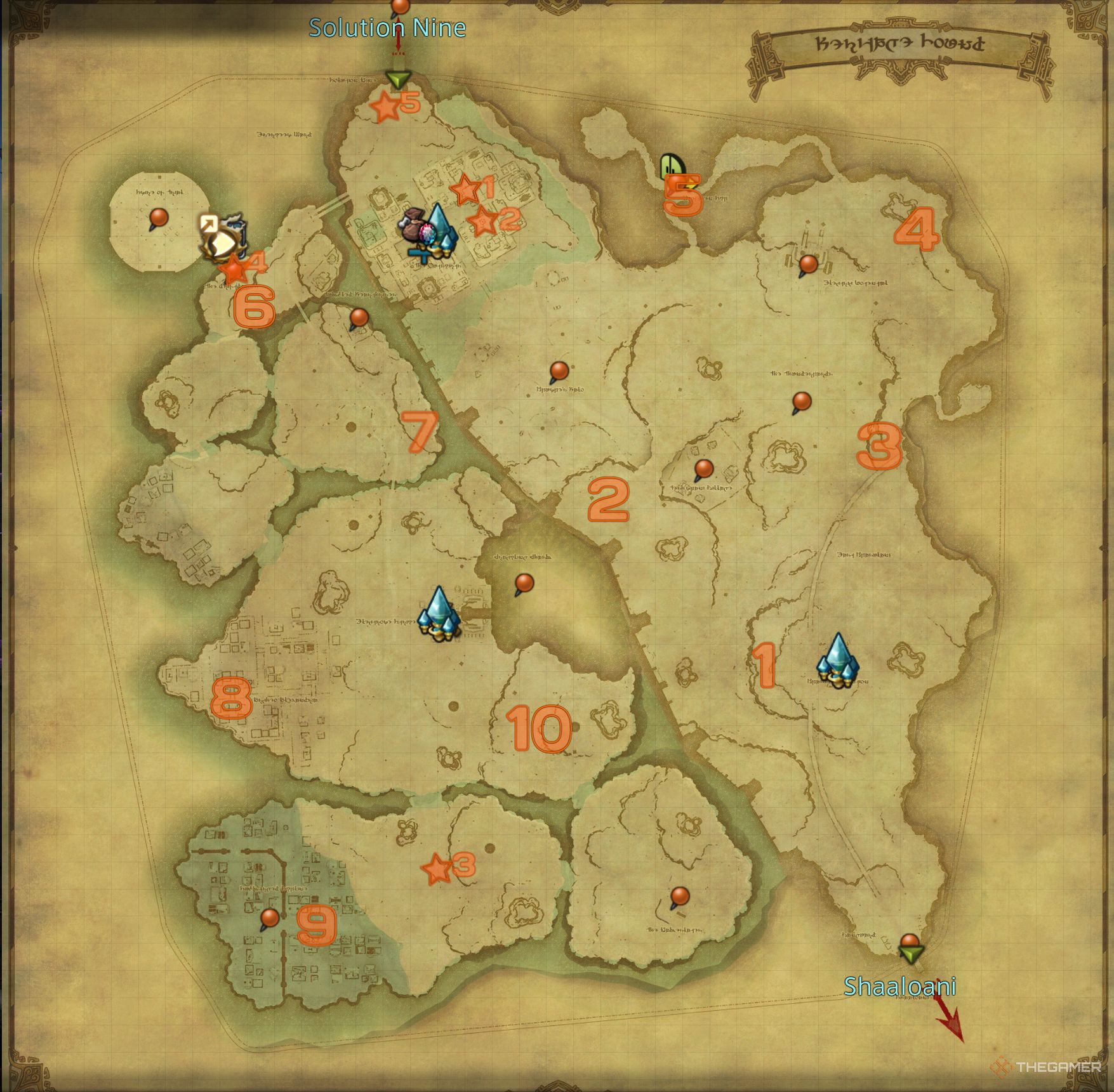 A map of the Heritage Found in Final Fantasy 14: Dawnbreaker that showcases the locations of all 15 Aether Currents!