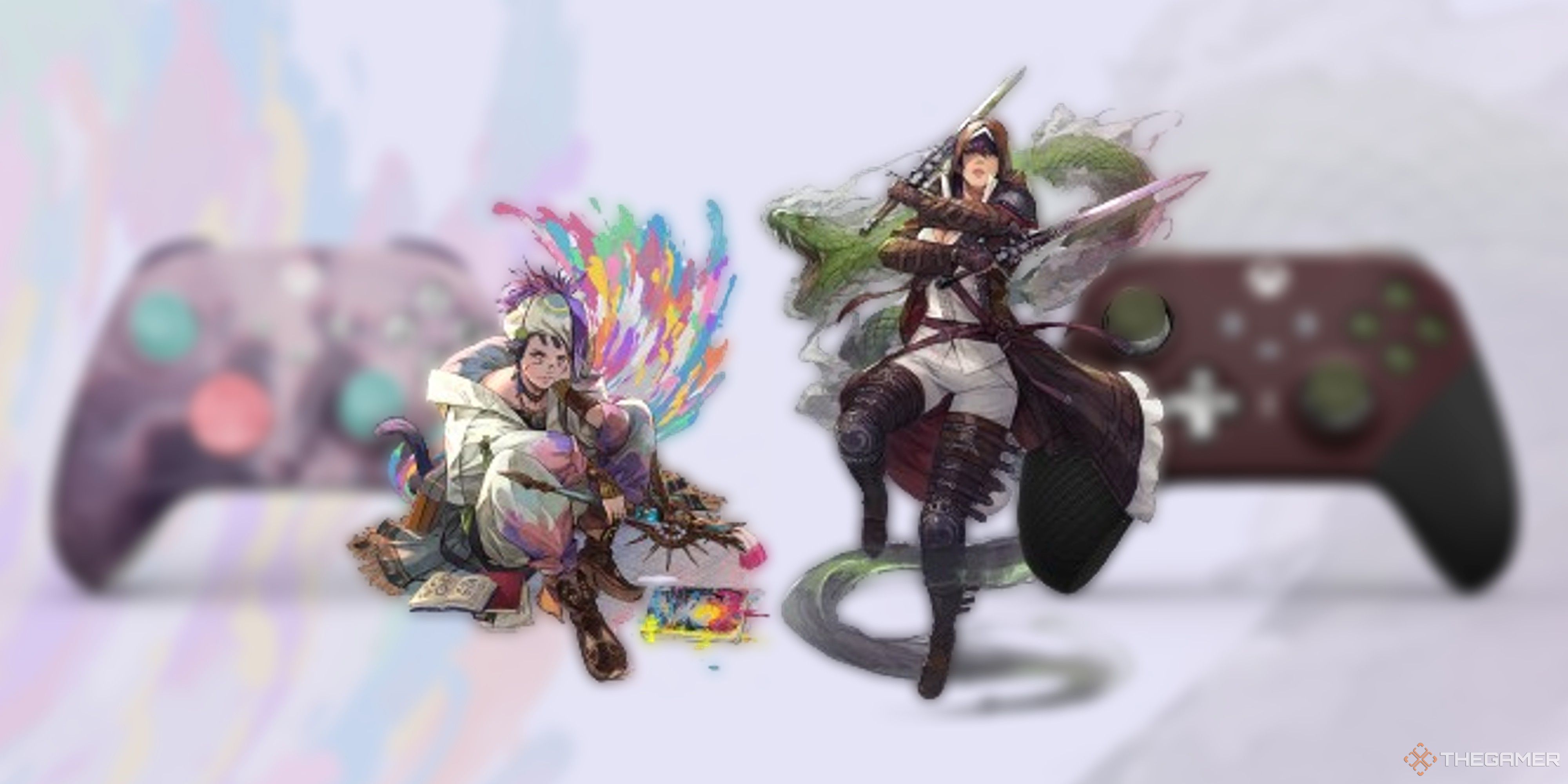 final fantasy 14 pictomancer and viper in front of xbox controllers