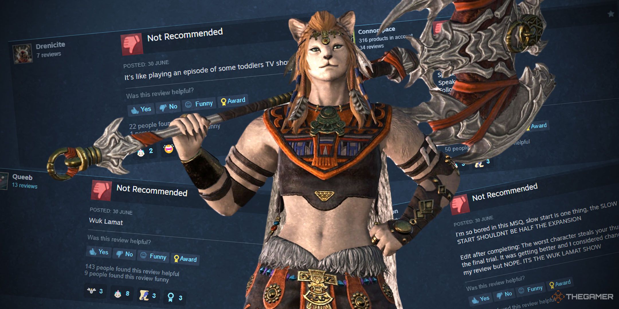 Final Fantasy 14 Wuk Lamat standing over negative Steam reviews