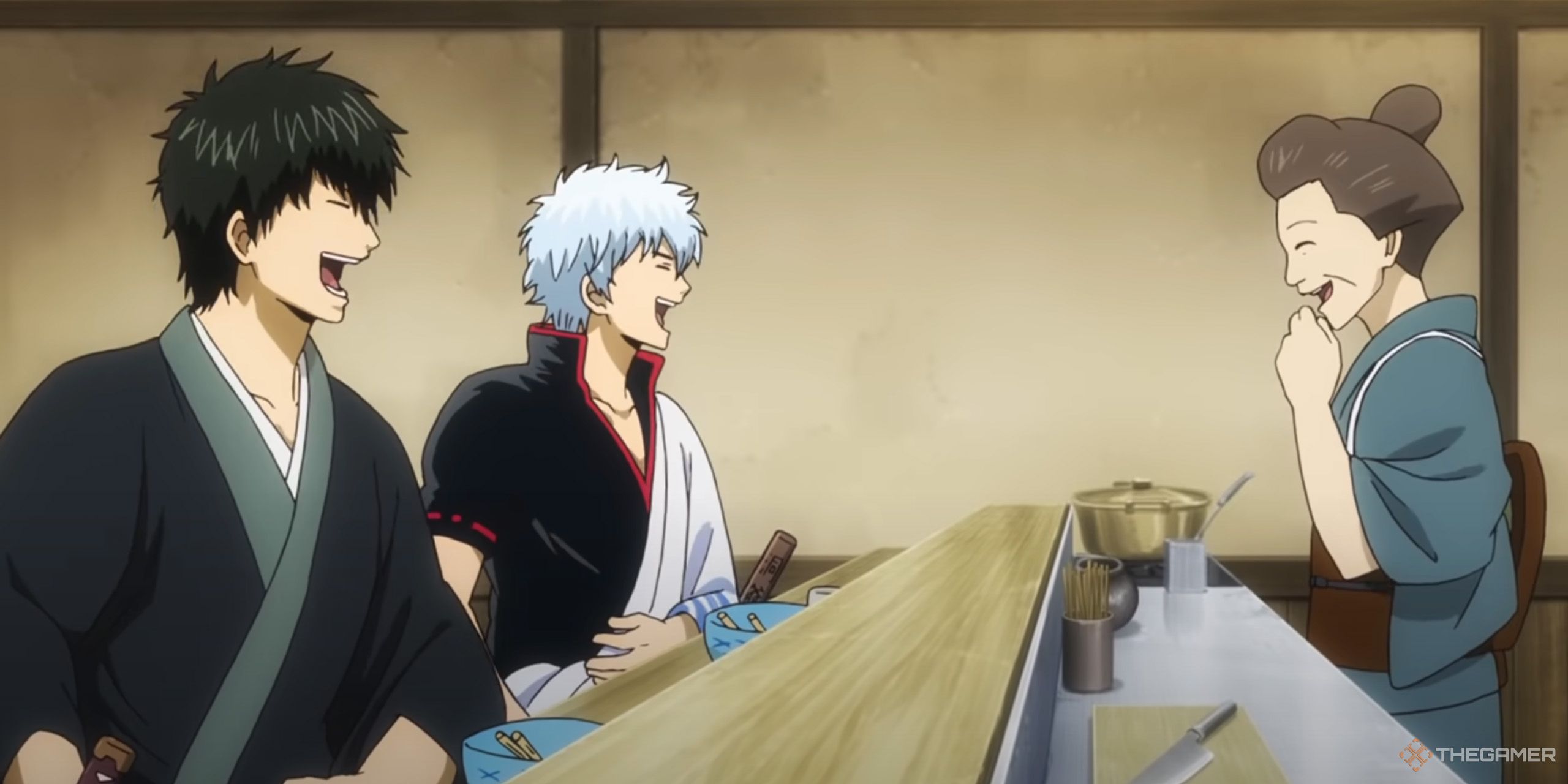 Gintoki Sakata laughs with friends at a table in Gintama.