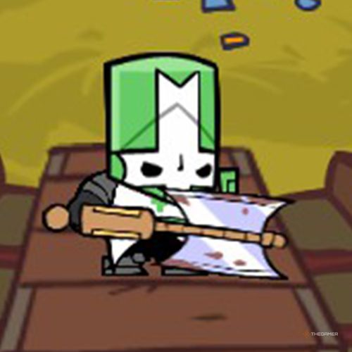 Green Knight is standing on a table in Castle Crashers.