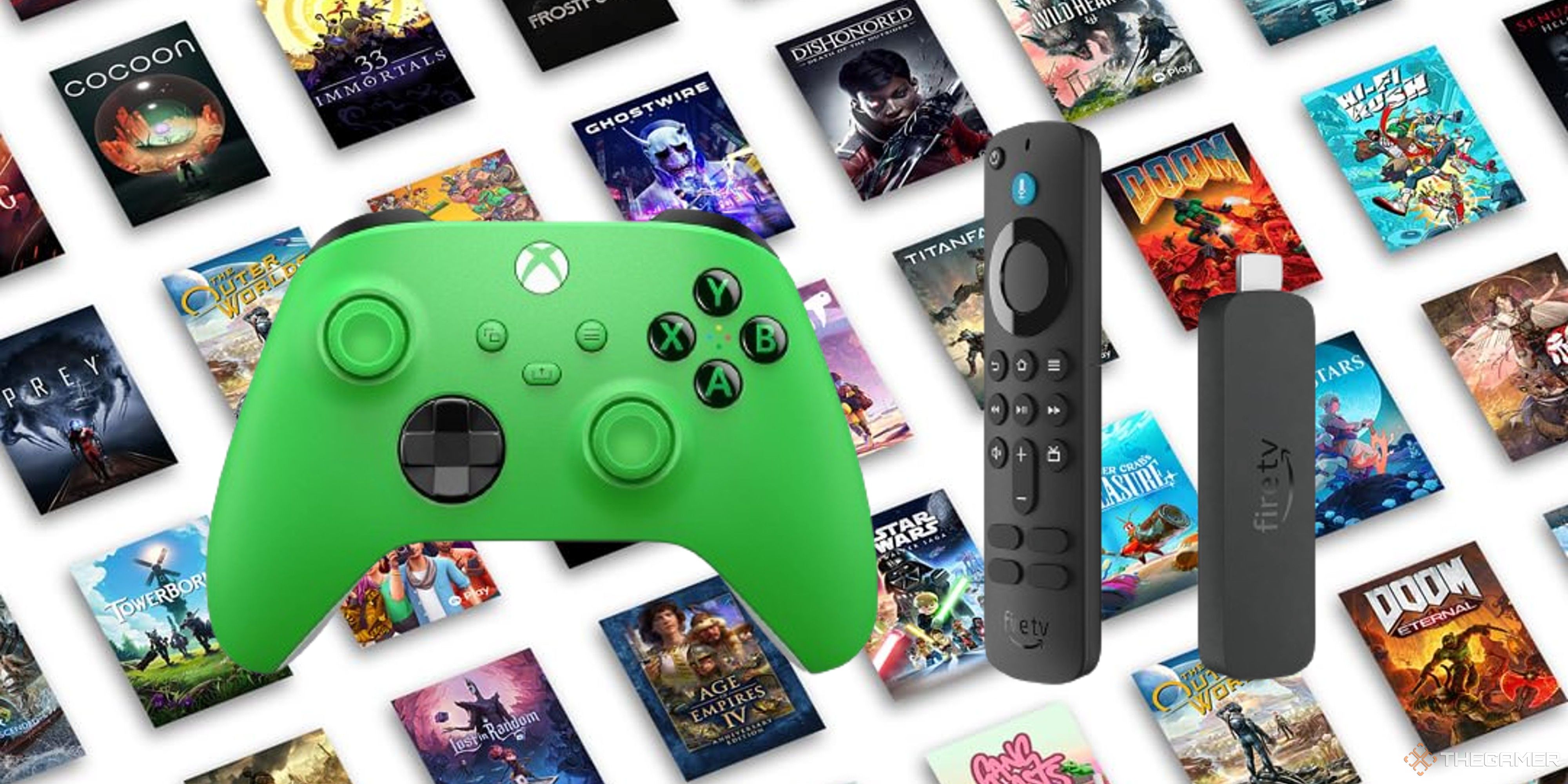 green xbox controller and an amazon fire stick on a backdrop of available game pass games