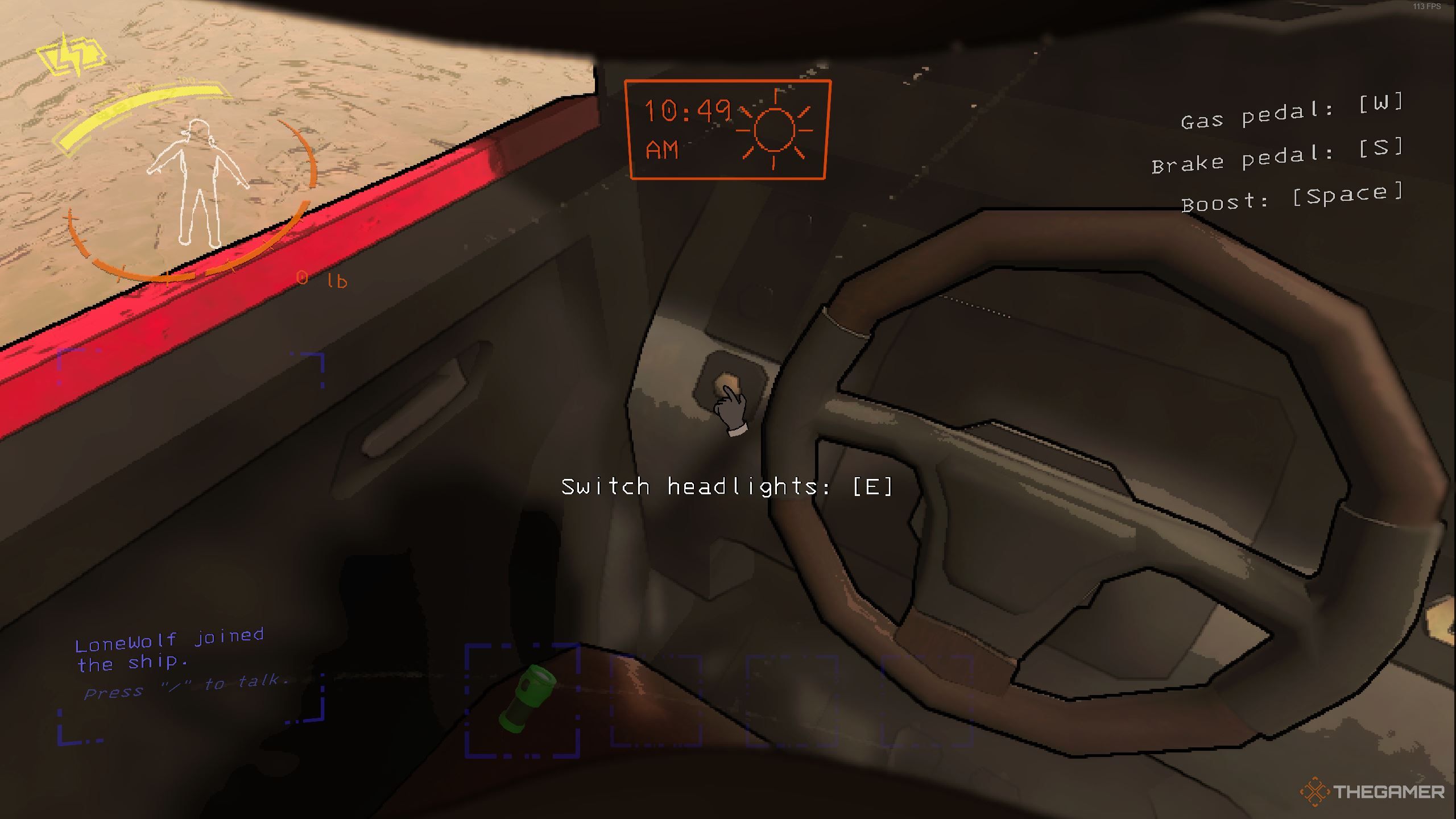 Sit in the driver's seat of a cruiser and hover over the headlight switch in Lethal Company.