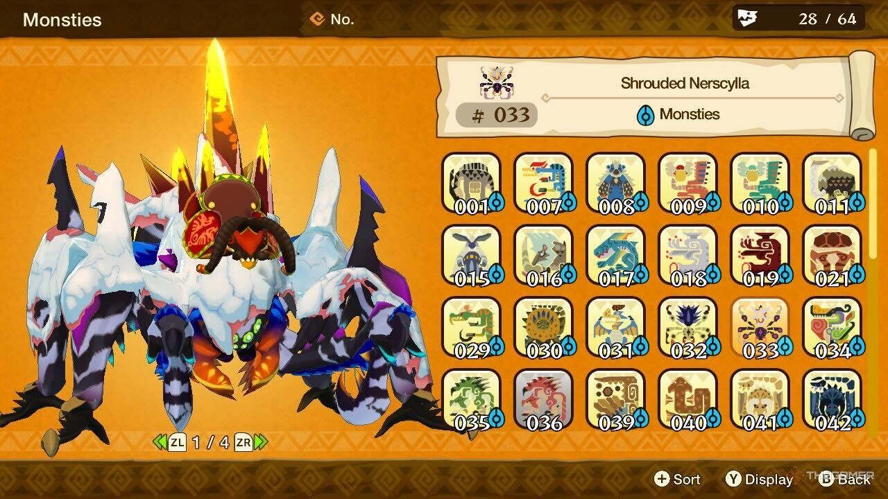 highlighting a shrouded nerscylla in the monsties section of the monsterpedia in monster hunter stories mhst