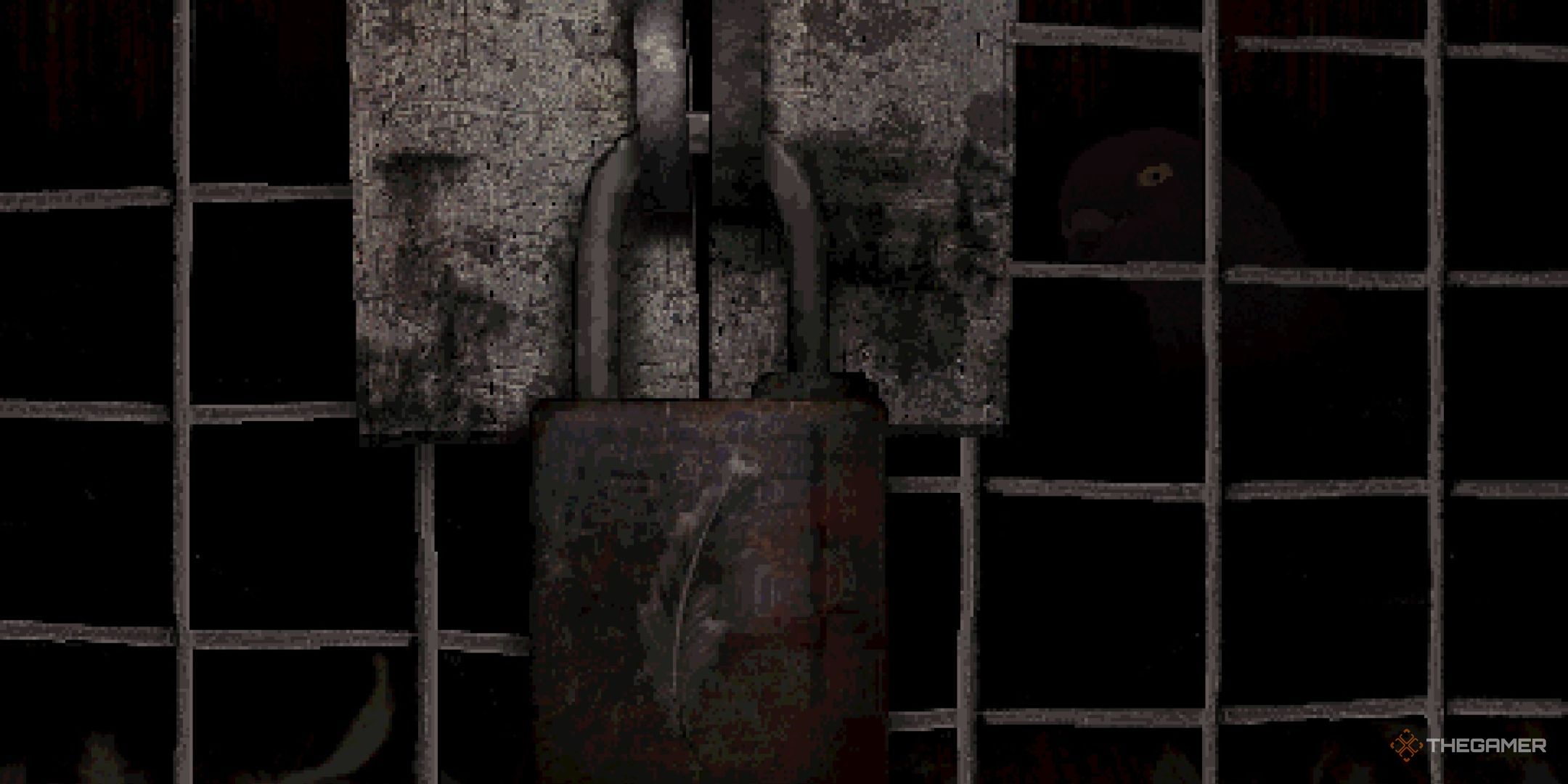The Coop Cage, held shut with a lock, holding a single living Pigeon in Conscript.
