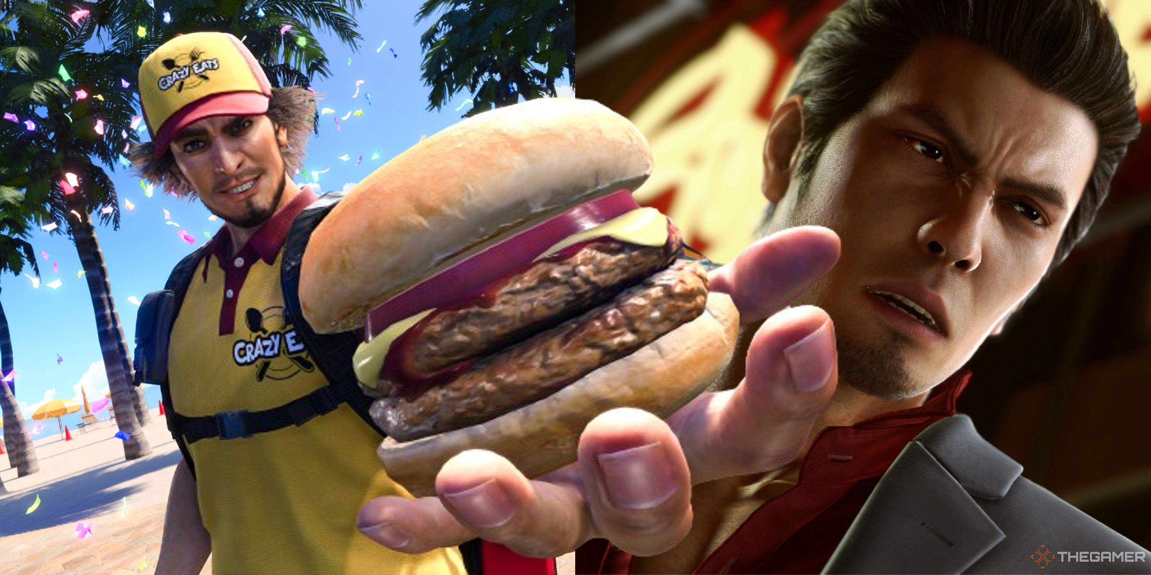 ichiban offering a burger, and kiryu in yakuza