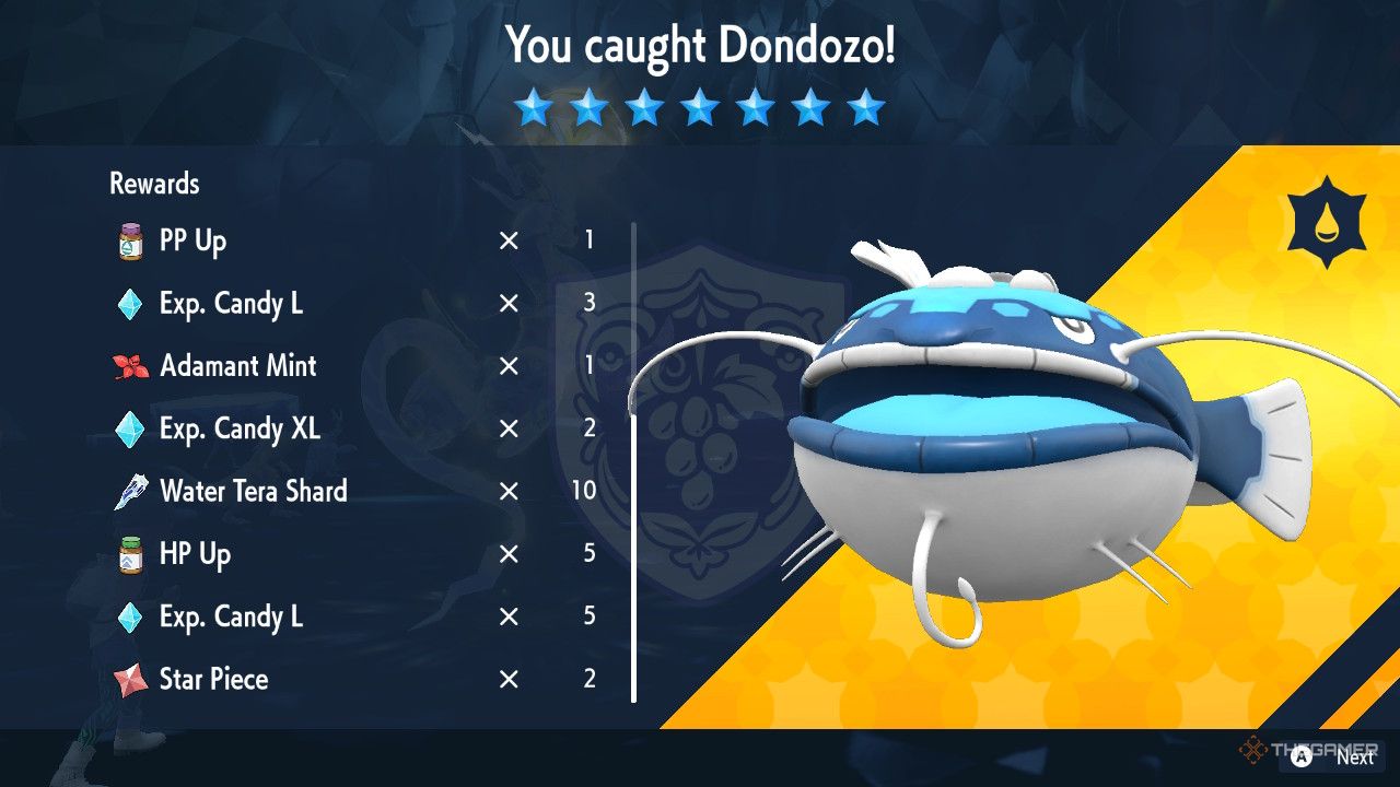 Rewards screen for catching seven star dondozo in Pokemon Scarlet &amp; Violet.