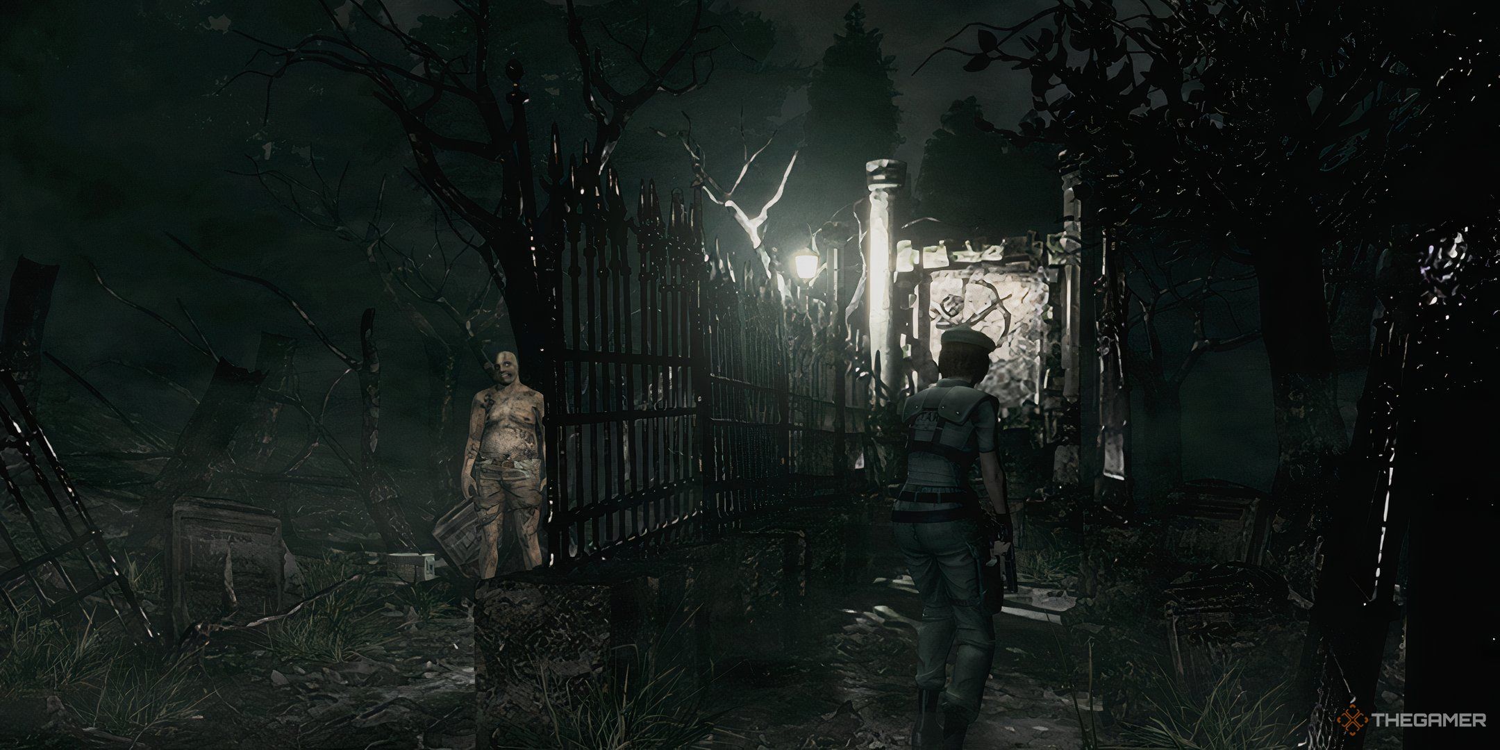 جیل ولنتاین در حال مشاهده یک زامبی در قبرستان در بازسازی Resident Evil 1
