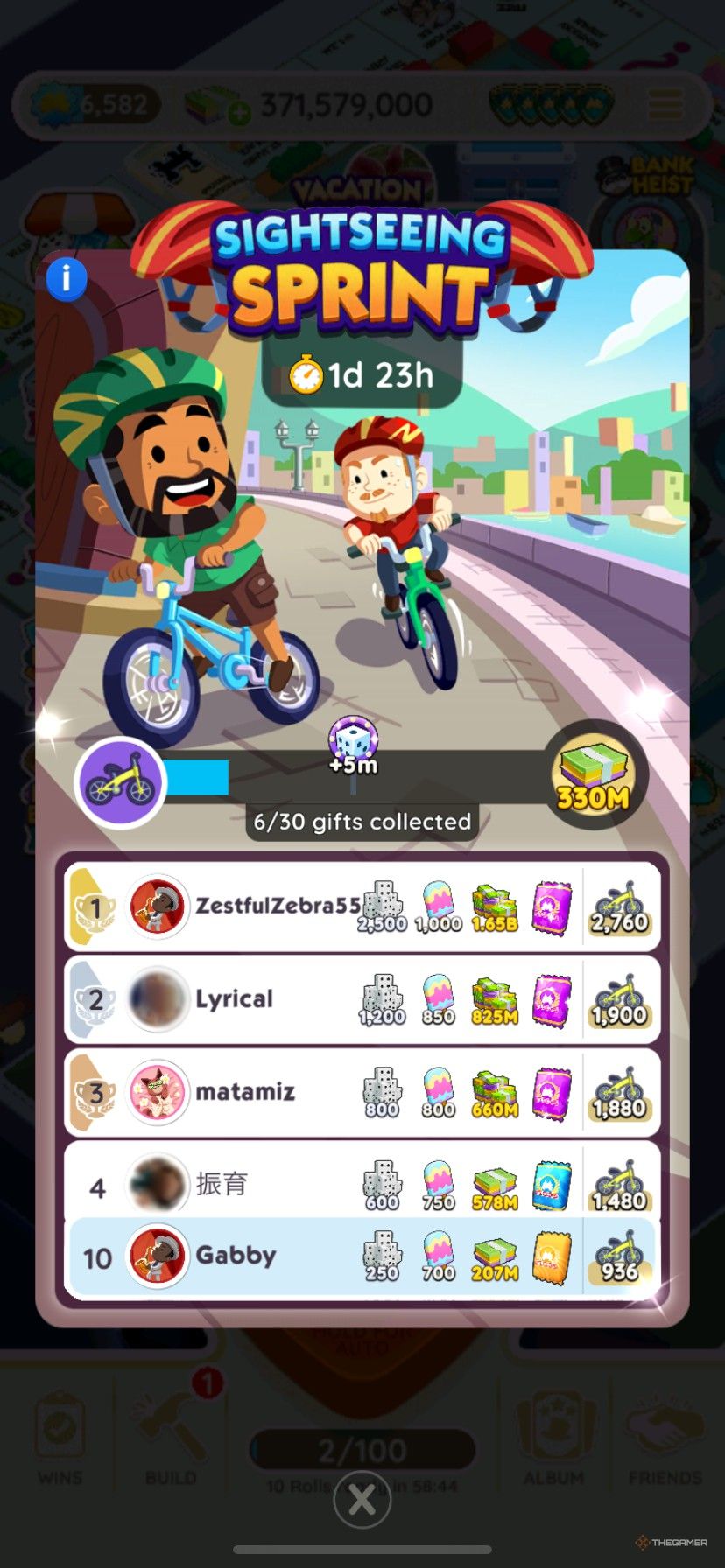 July 12-14 Sightseeing Sprint event leaderboard in Monopoly Go.